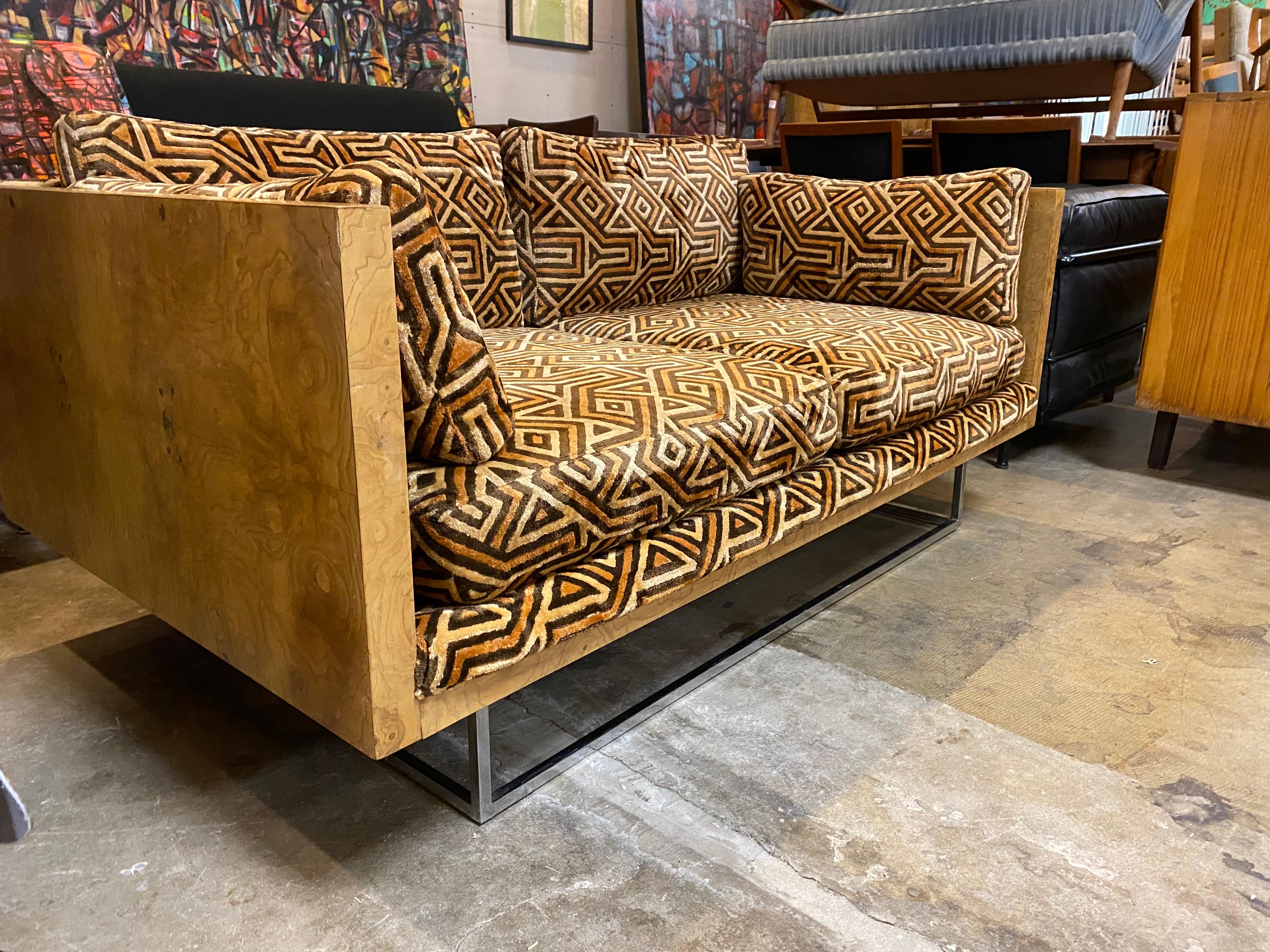 Modern Milo Baughman Case Sofa for Thayer Coggin, Burl Wood with Original Larsen Fabric