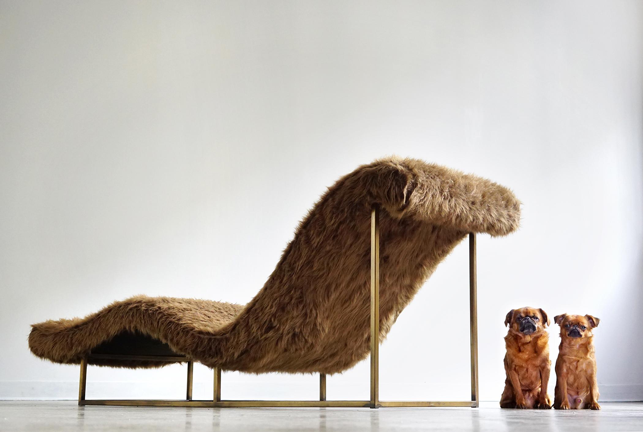 For your consideration is what many consider the holy grail of Milo Baughman designs in all-original museum quality condition featuring its original 1960s faux fur shag upholstery, sculptural sinuous form, slim steel tube frame with rare bronze tone