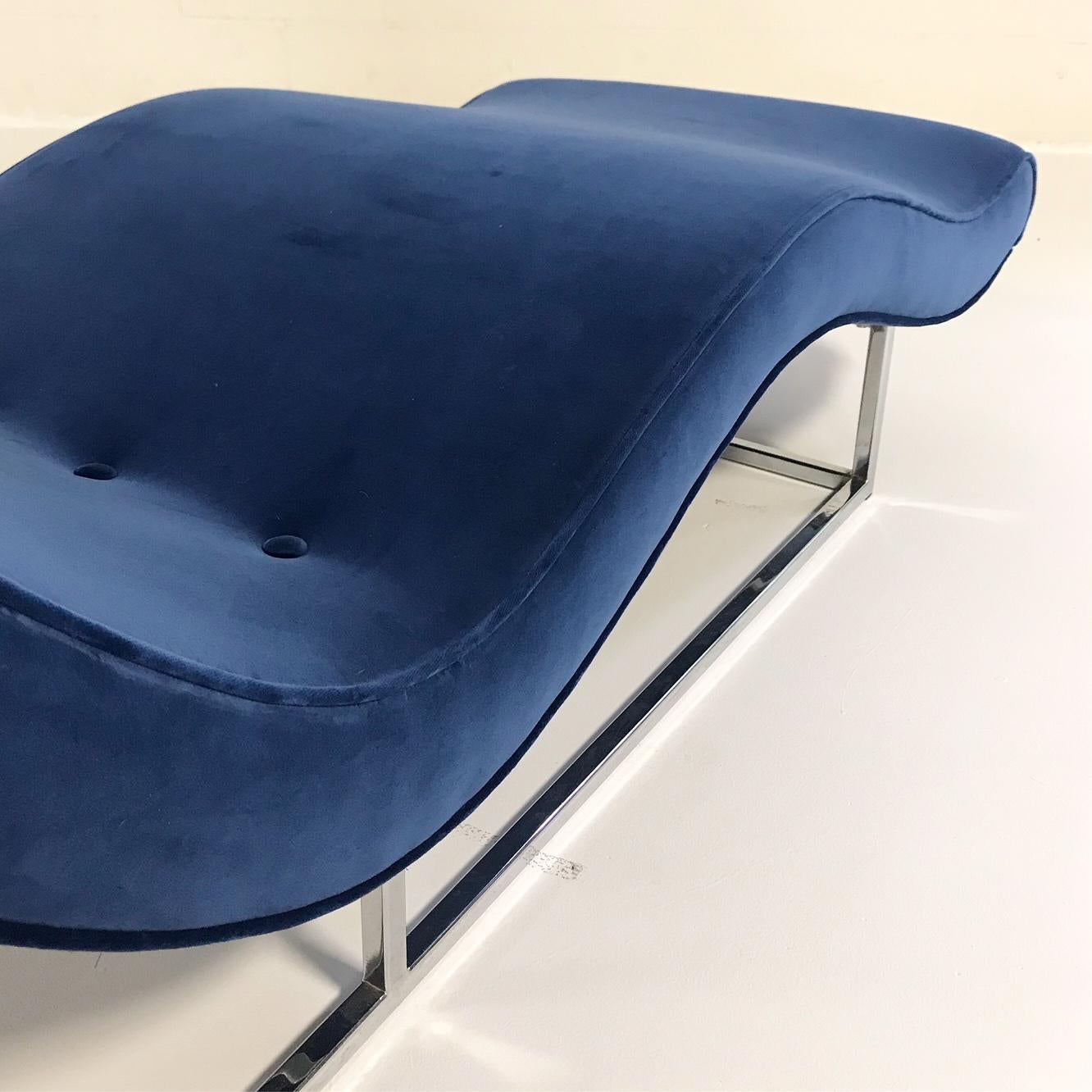 Milo Baughman Chaise Lounge Chair Restored in Loro Piana Blue Velvet, circa 1970 5