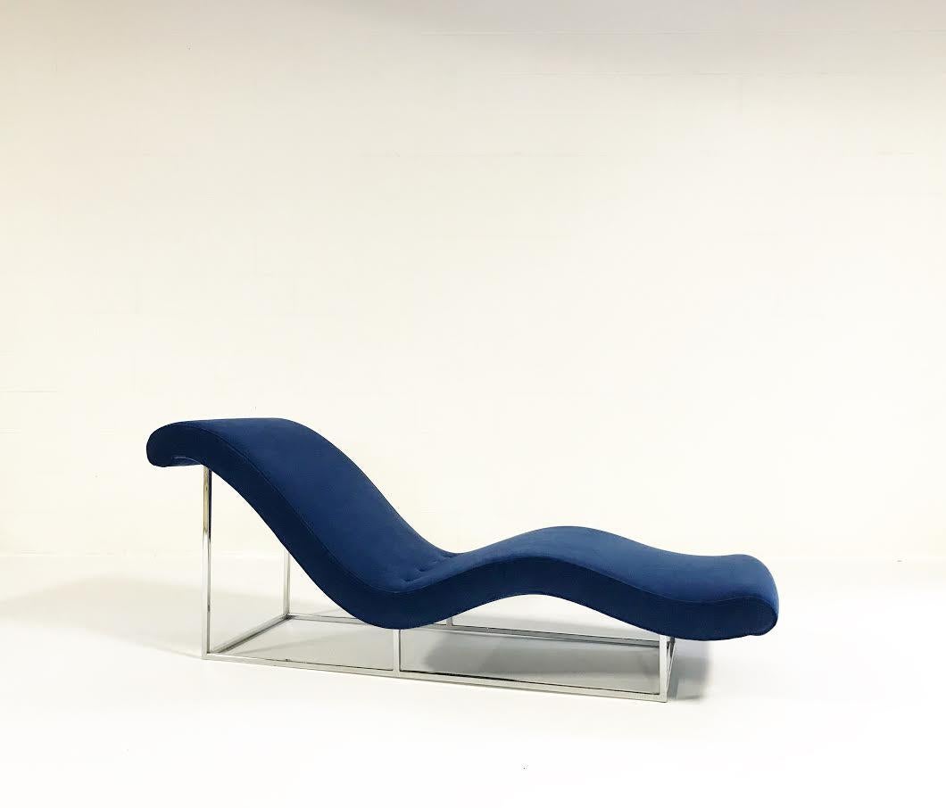 What a beauty! This one-of-a-kind Milo Baughman for Thayer Coggin, circa 1970s chaise lounge is breathtaking. The slick lines of the chrome-plated steel are an attractive match with a beautifully luxurious Loro Piana velvet. We chose an ocean blue