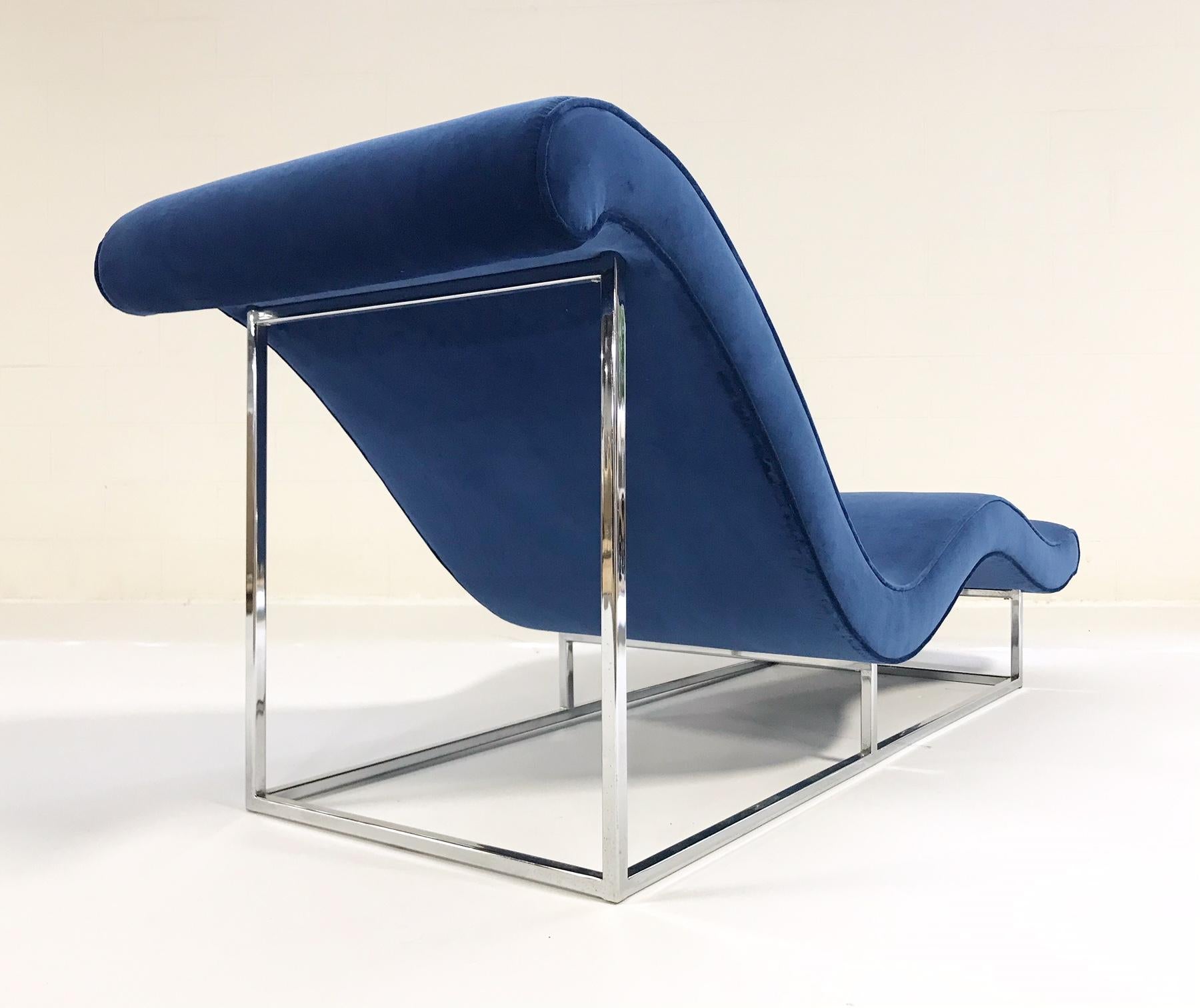 Milo Baughman Chaise Lounge Chair Restored in Loro Piana Blue Velvet, circa 1970 3