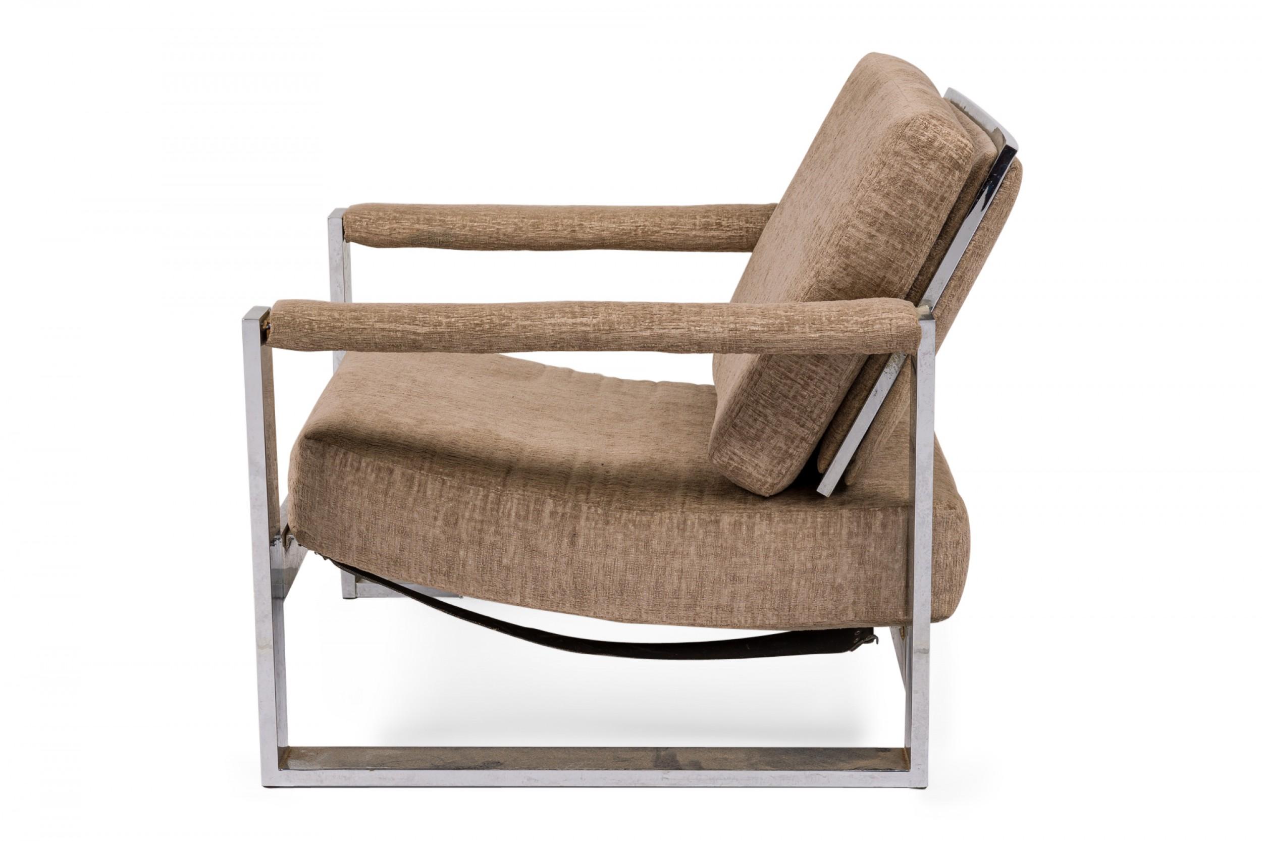 Mid-Century Modern Milo Baughman Chrome and Brown Fabric Upholstered 'Tank' Lounge Armchair For Sale