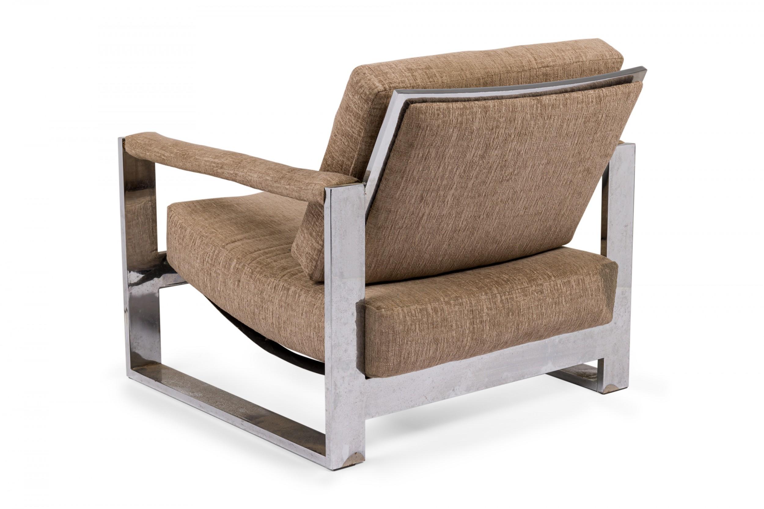 American Milo Baughman Chrome and Brown Fabric Upholstered 'Tank' Lounge Armchair For Sale