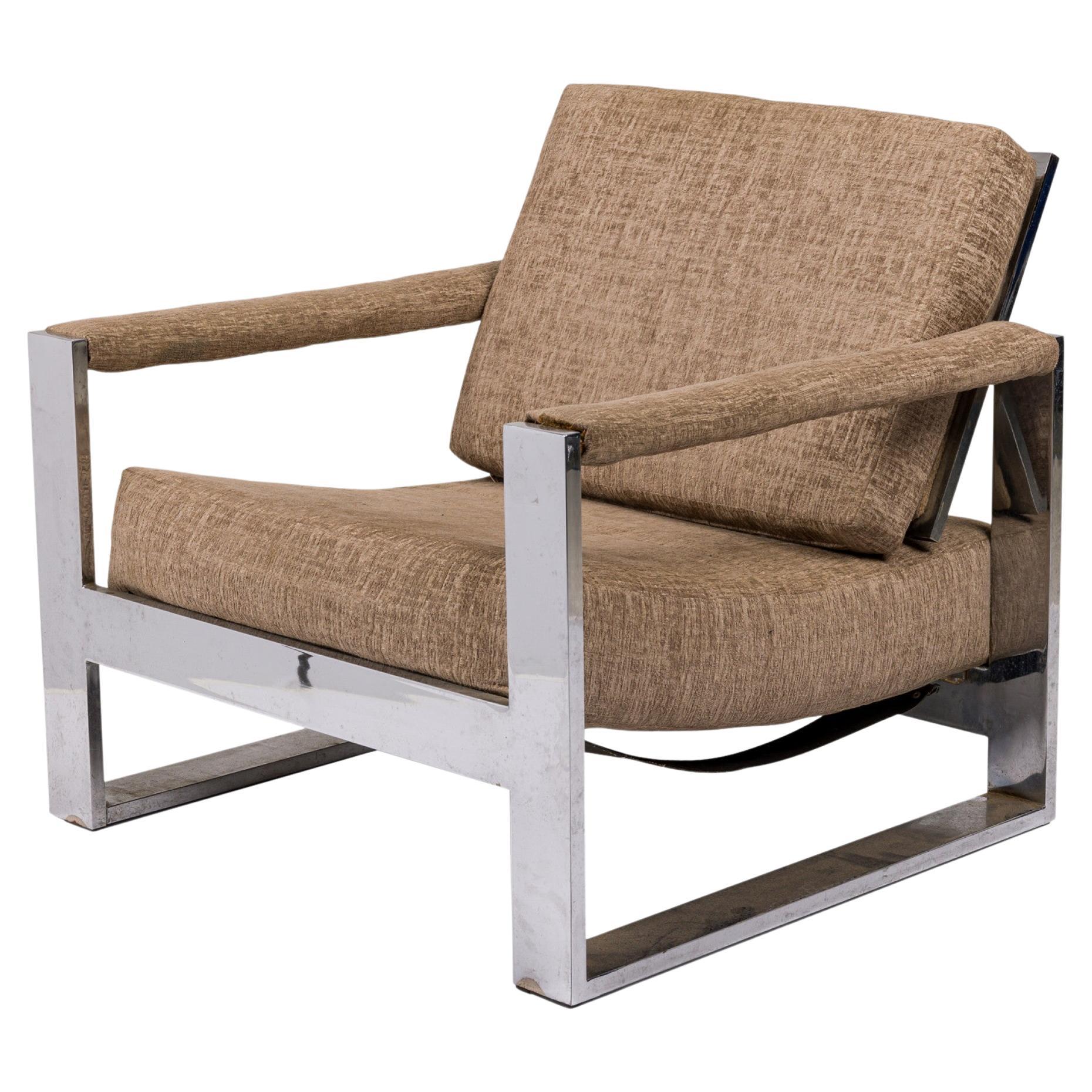 Milo Baughman Chrome and Brown Fabric Upholstered 'Tank' Lounge Armchair