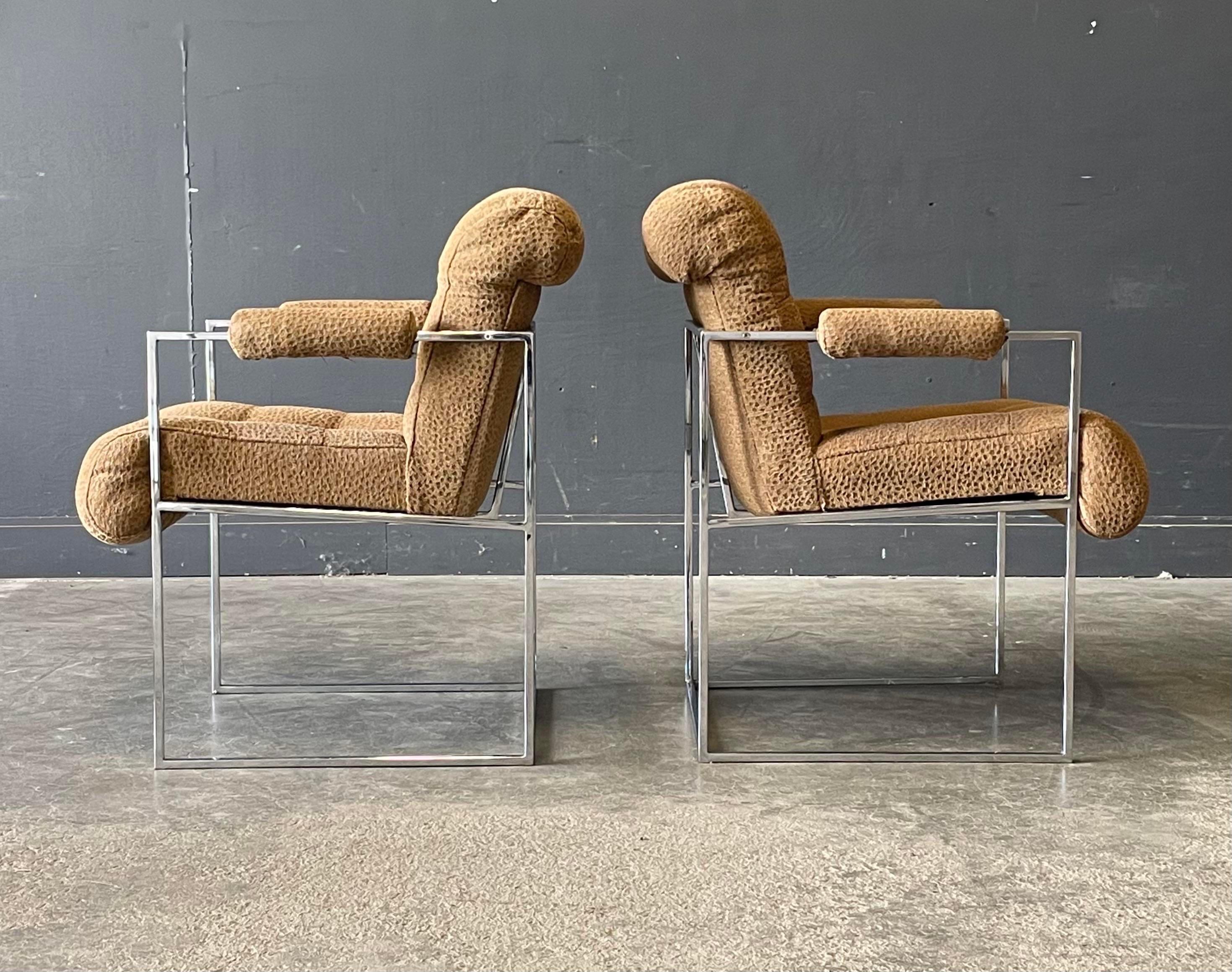 Mid-Century Modern Milo Baughman Chrome and Fabric Side Chairs For Sale