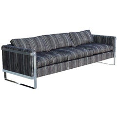 Milo Baughman Chrome and Linen Cut Velvet Sofa 