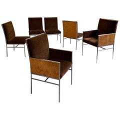 Milo Baughman Chrome and Olive Burl Upholstered Dining Chairs