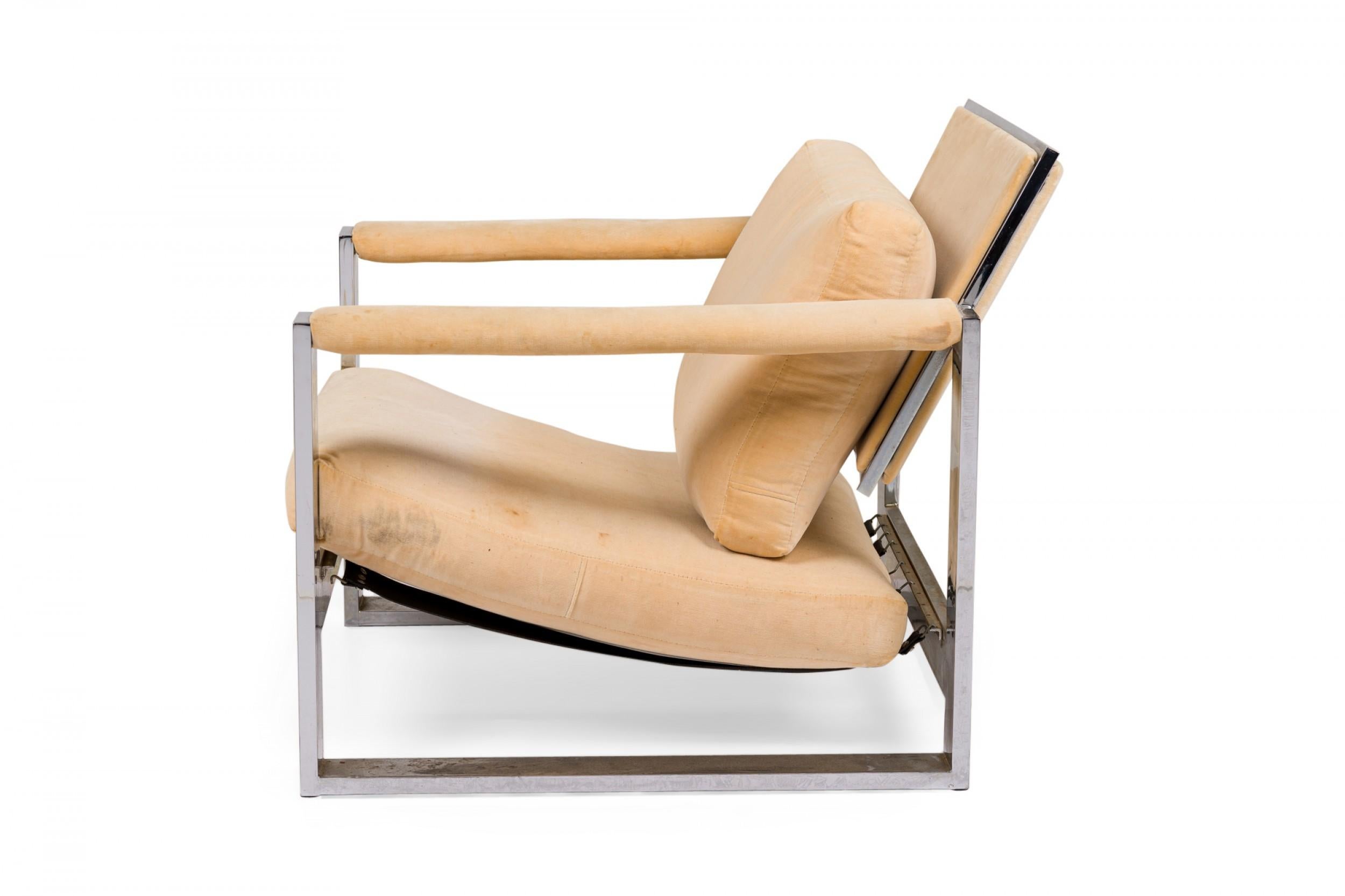 Mid-Century Modern Milo Baughman Chrome and Peach Fabric Upholstered 'Tank' Lounge Armchair For Sale