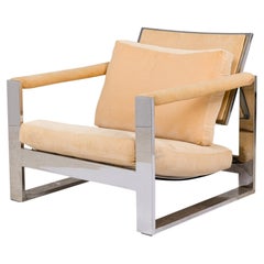 Milo Baughman Chrome and Peach Fabric Upholstered 'Tank' Lounge Armchair