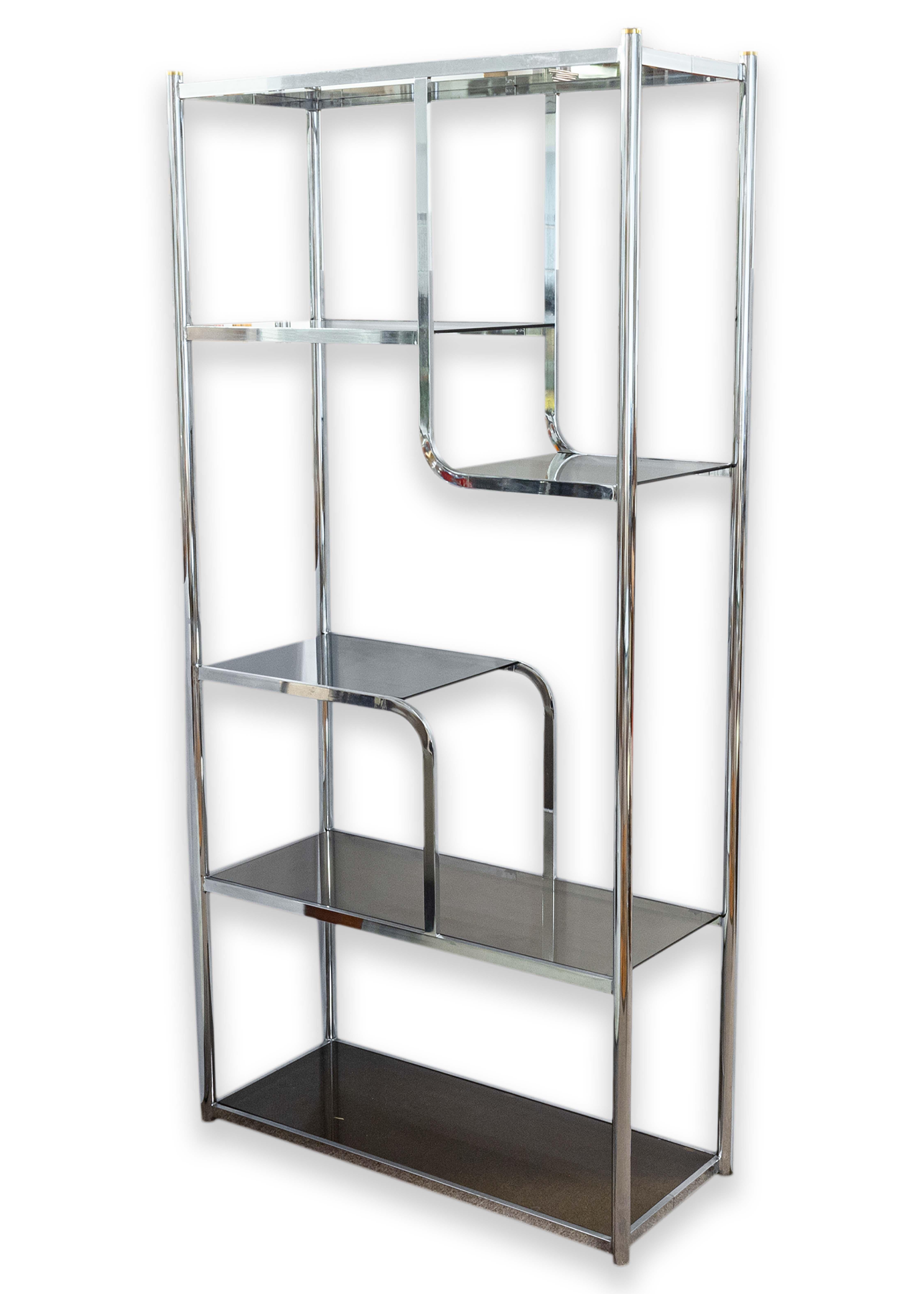 American Milo Baughman Chrome and Smoked Glass Free Standing Etagere Shelving Unit