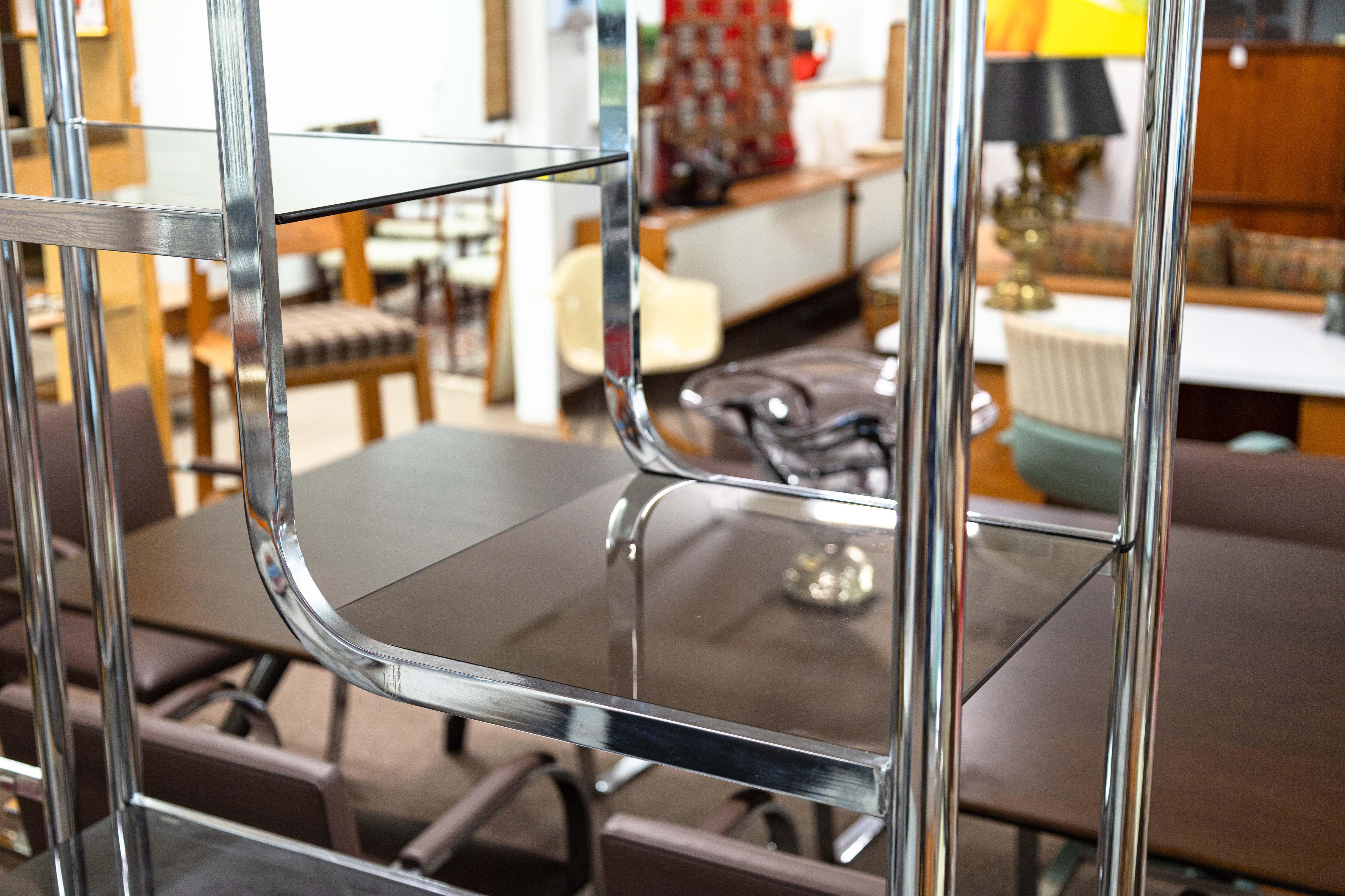Milo Baughman Chrome and Smoked Glass Free Standing Etagere Shelving Unit 1