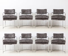 Milo Baughman Chrome and Velvet Barrel Dining Chairs Set of 8