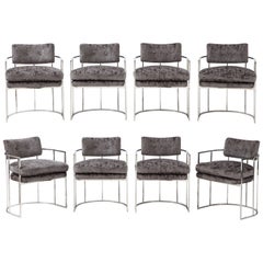 Milo Baughman Chrome and Velvet Barrel Dining Chairs Set of 8