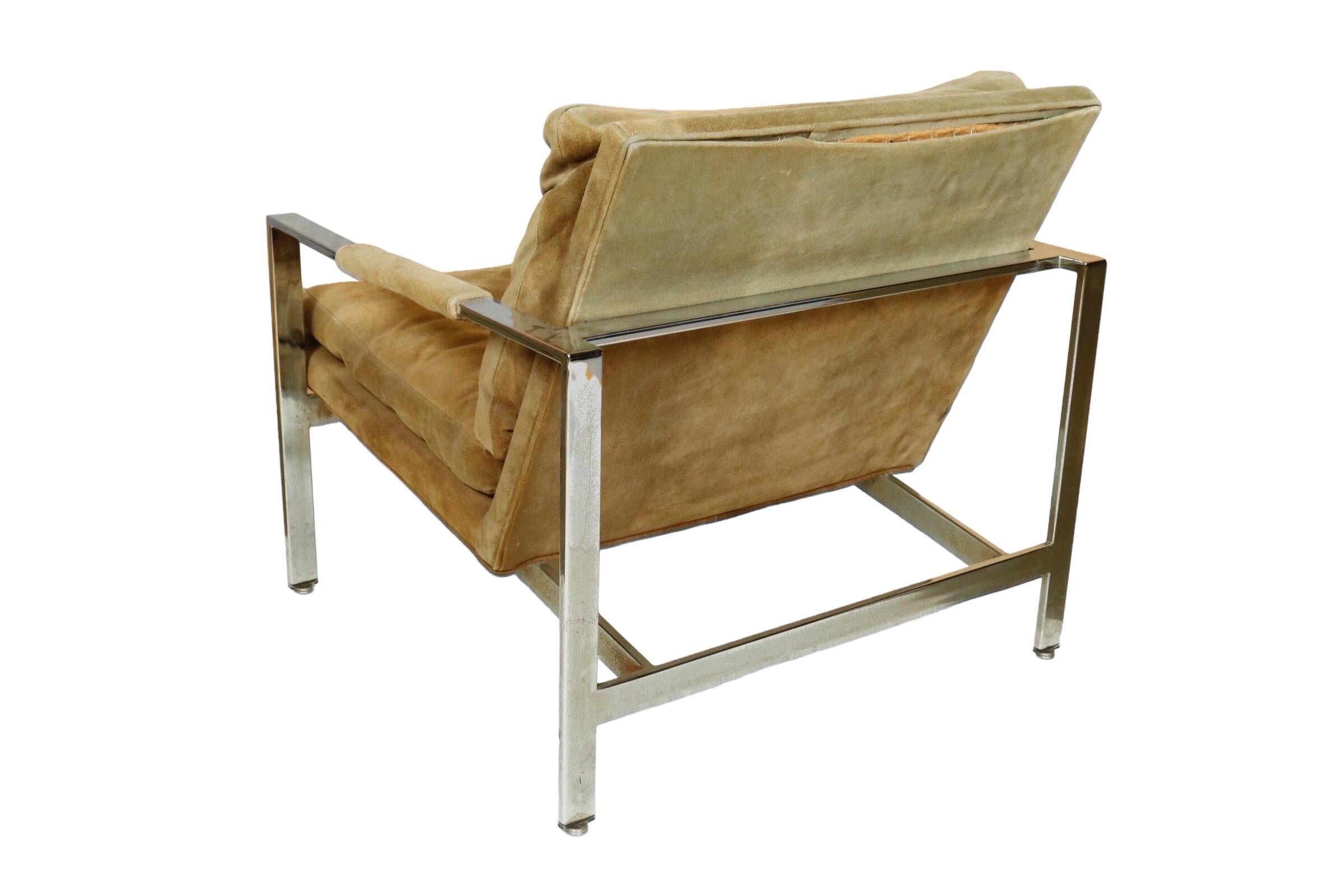 Milo Baughman Chrome Armchair in Original Tan Suede In Fair Condition In New York, NY