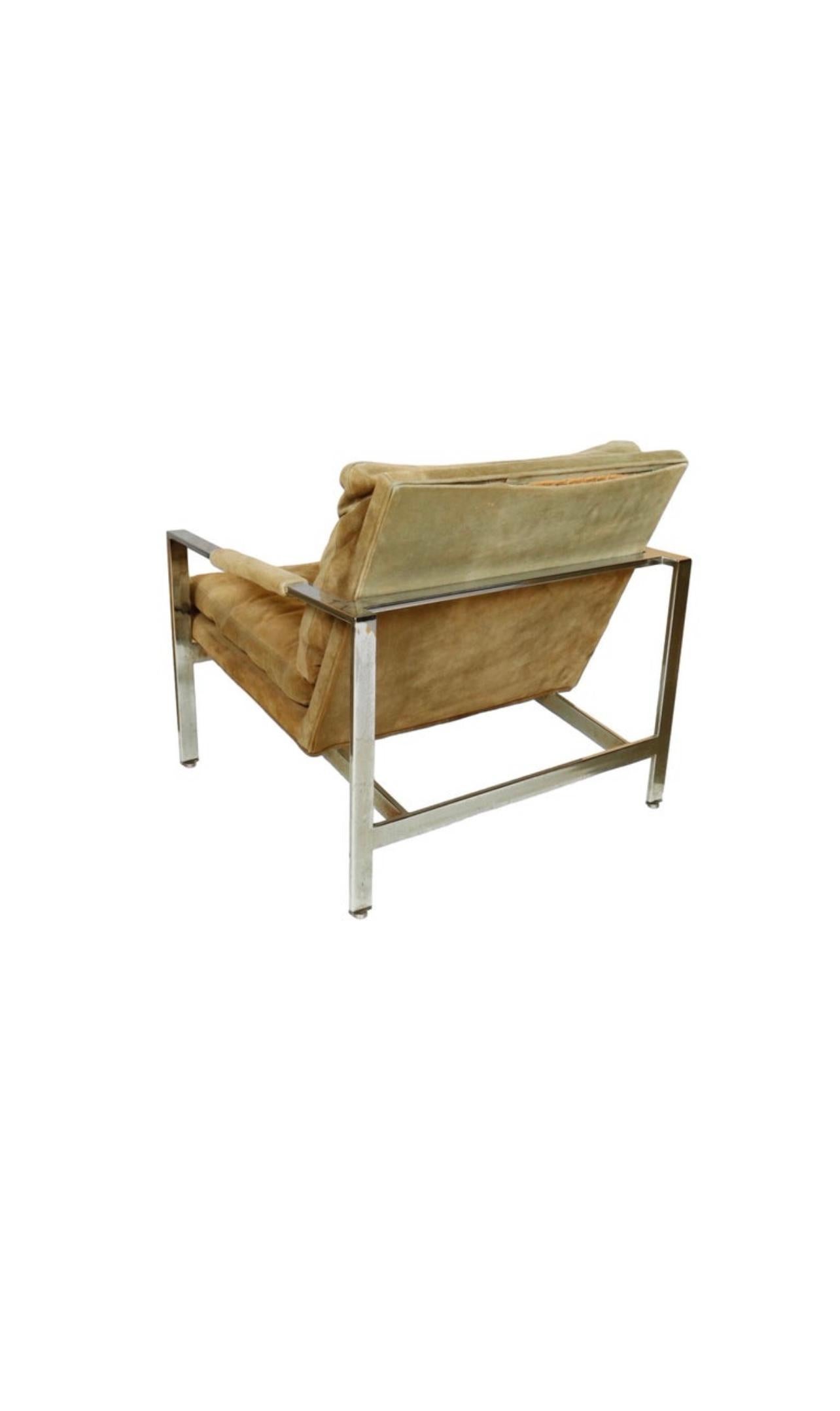 American Milo Baughman Chrome Armchair in Original Tan Suede For Sale