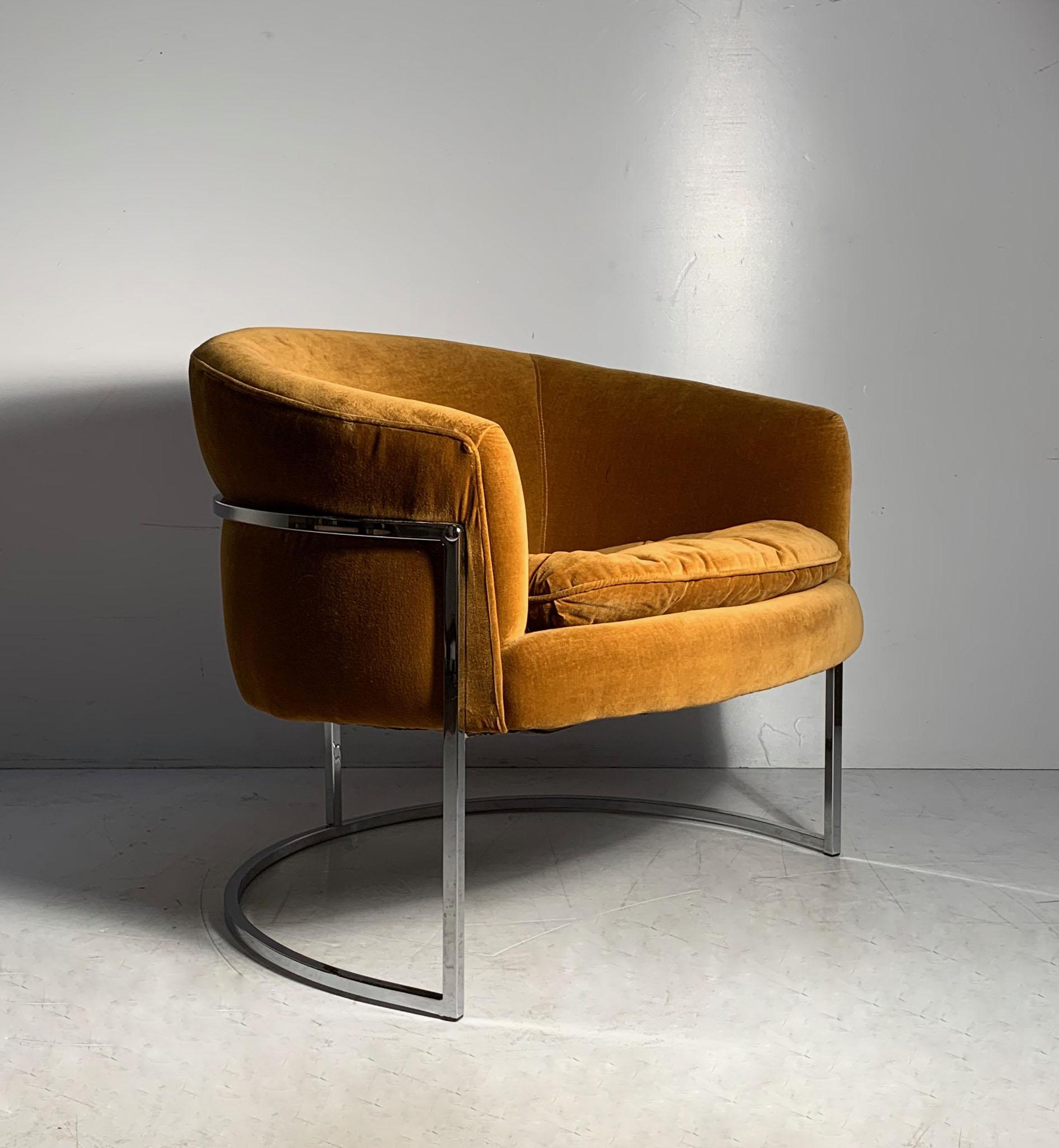 Milo Baughman chrome barrel back club chair. Original upholstery.