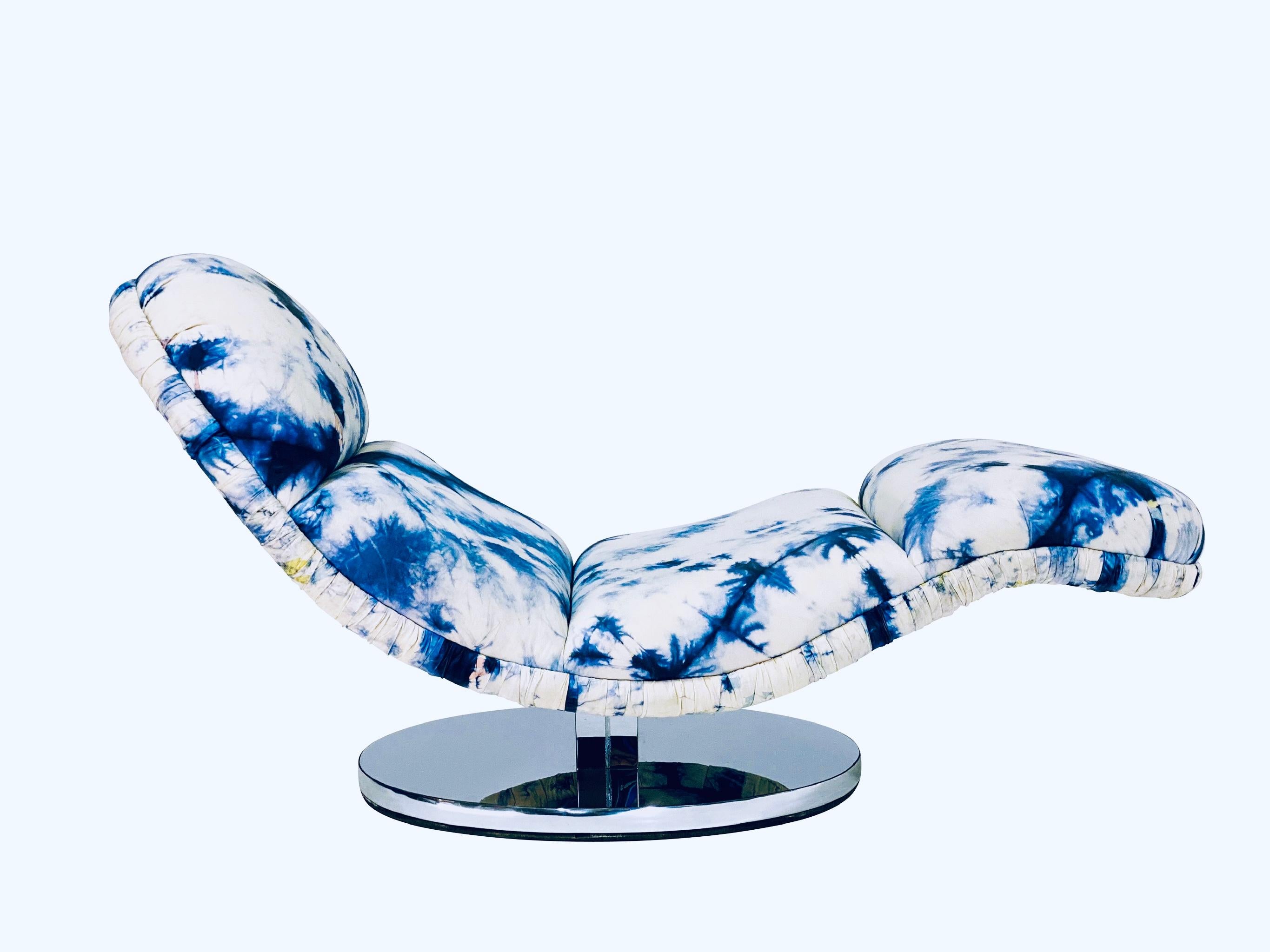 Chrome base rocking chaise by Milo Baughman in original tie dye upholstery.