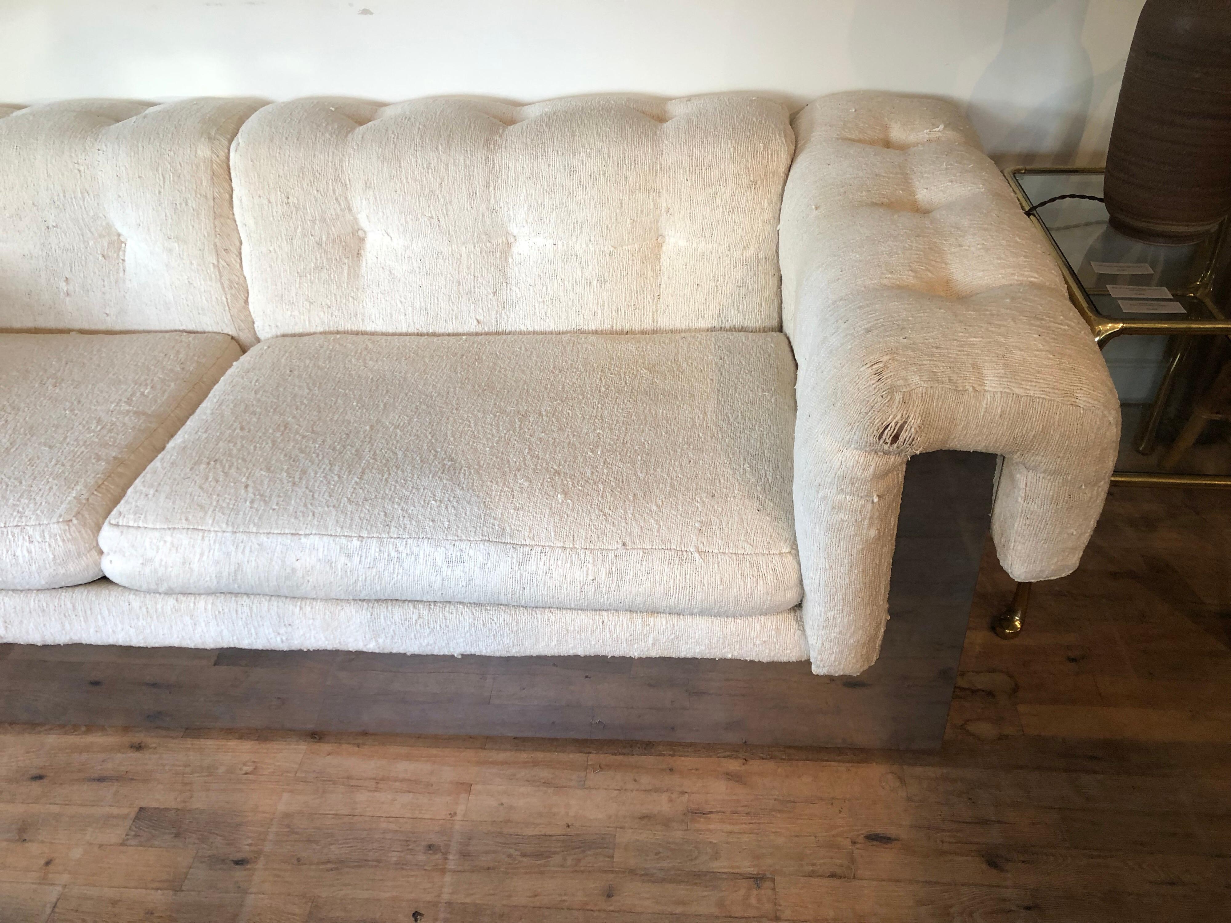Stylish chrome based Chesterfield style midcentury sofa ready for your own fabric.....designed in the 1970s by Milo Baughman.