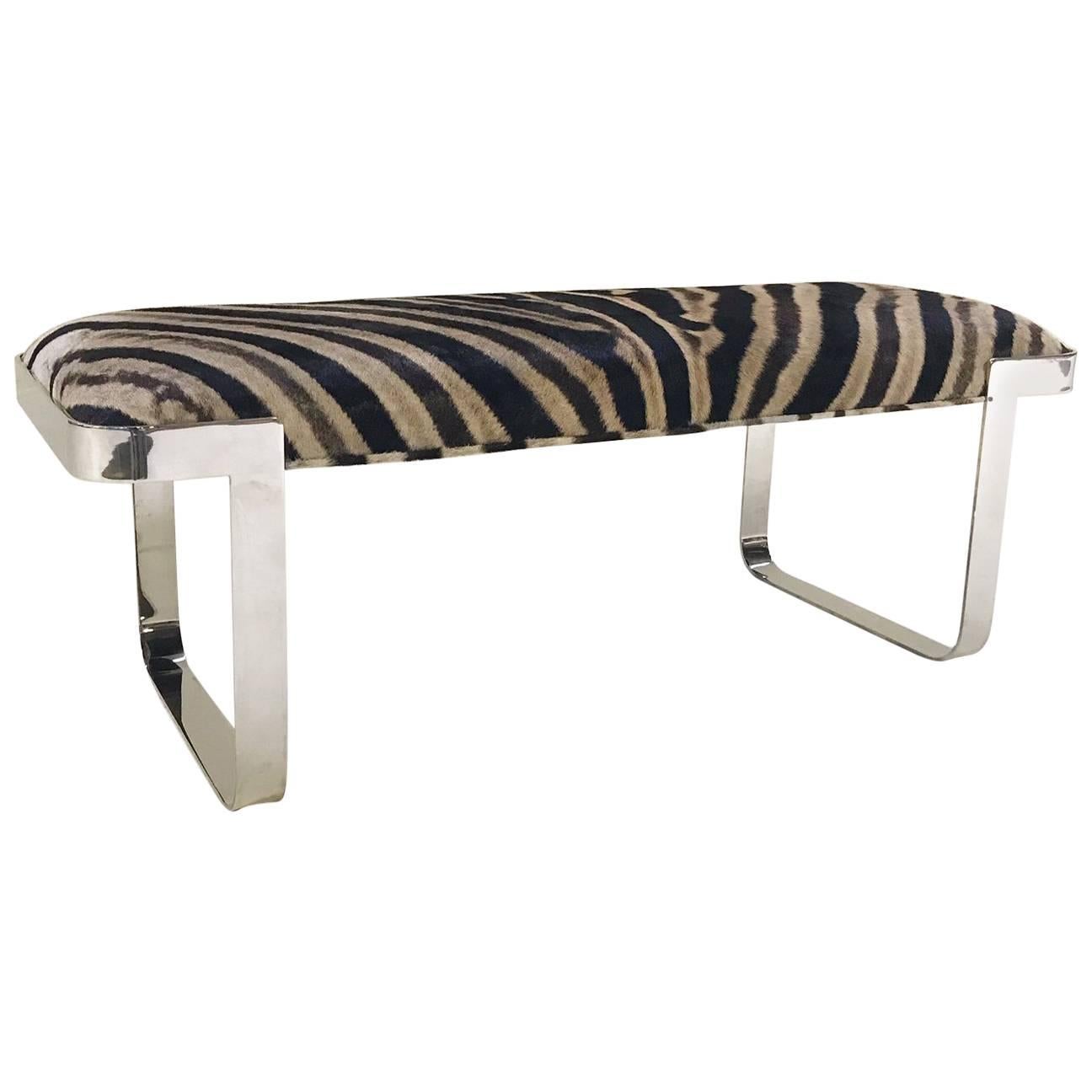 Milo Baughman Chrome Bench Restored in Zebra Hide