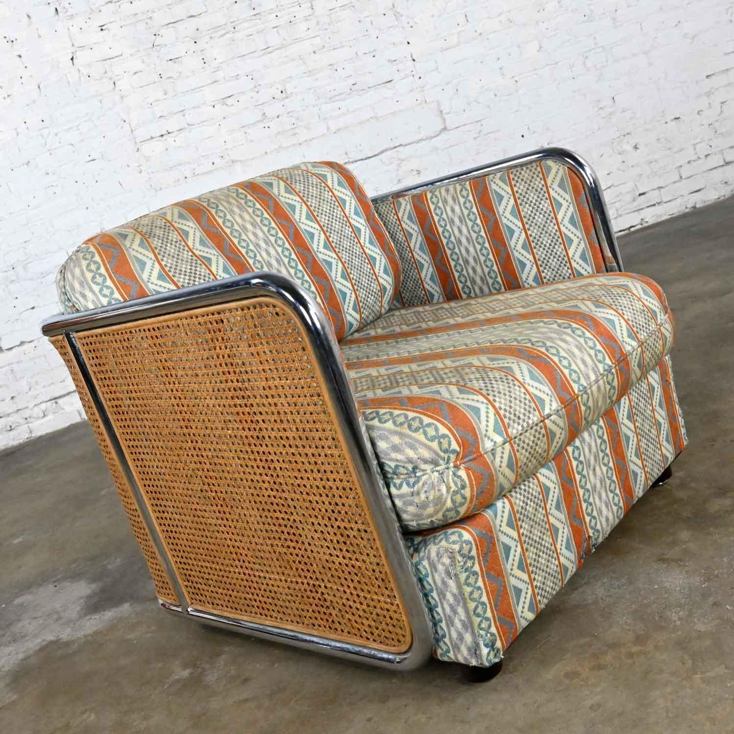 Milo Baughman Chrome & Cane Square Tub Chair Blue Rust Fabric 1438 Thayer Coggin For Sale 1
