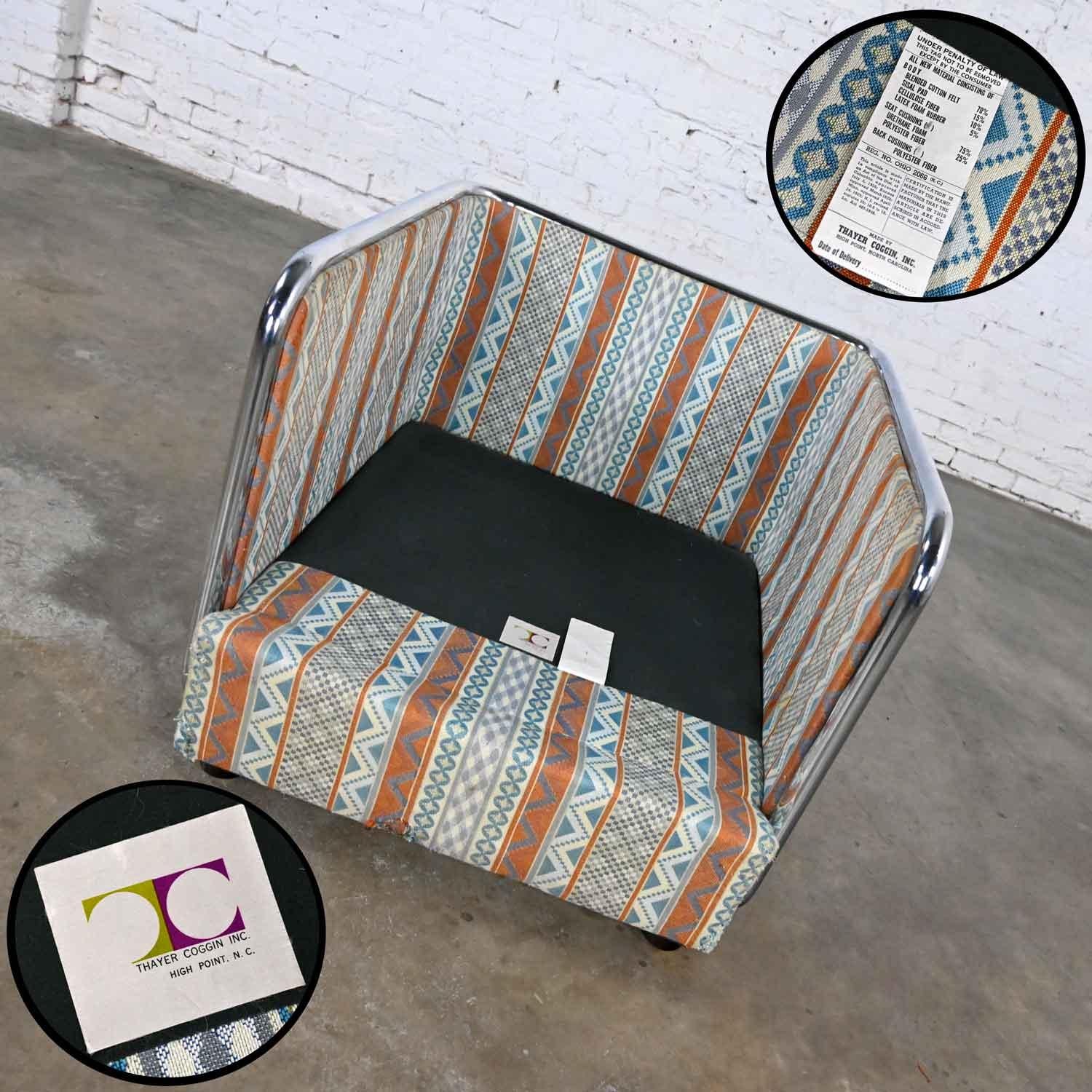 Milo Baughman Chrome & Cane Square Tub Chair Blue Rust Fabric 1438 Thayer Coggin For Sale 3