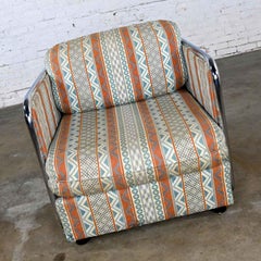 Milo Baughman Chrome & Cane Square Tub Chair Blue Rust Fabric 1438 Thayer Coggin