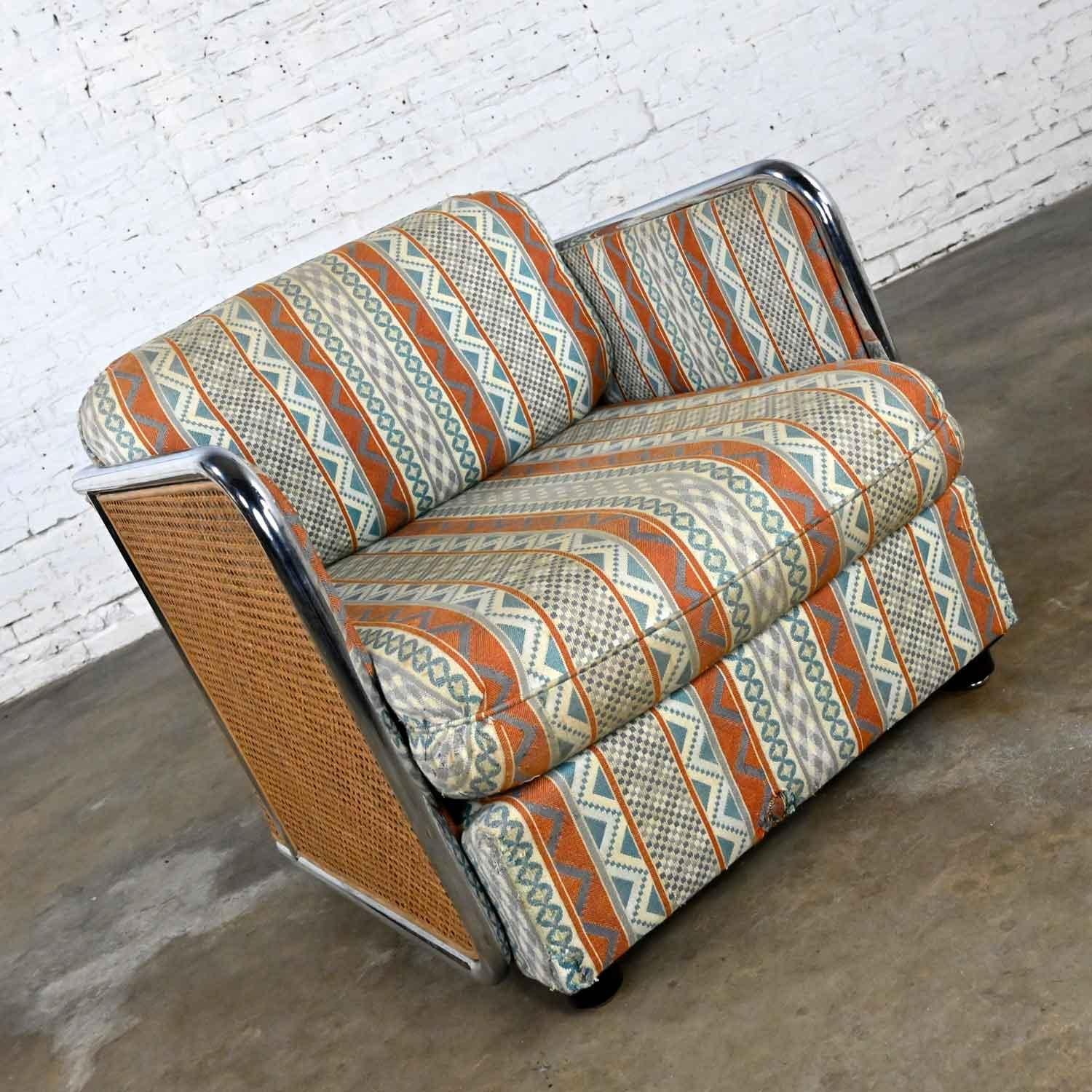 Modern Milo Baughman Chrome & Cane Square Tub Chair Blue Rust Fabric 1438 Thayer Coggin For Sale