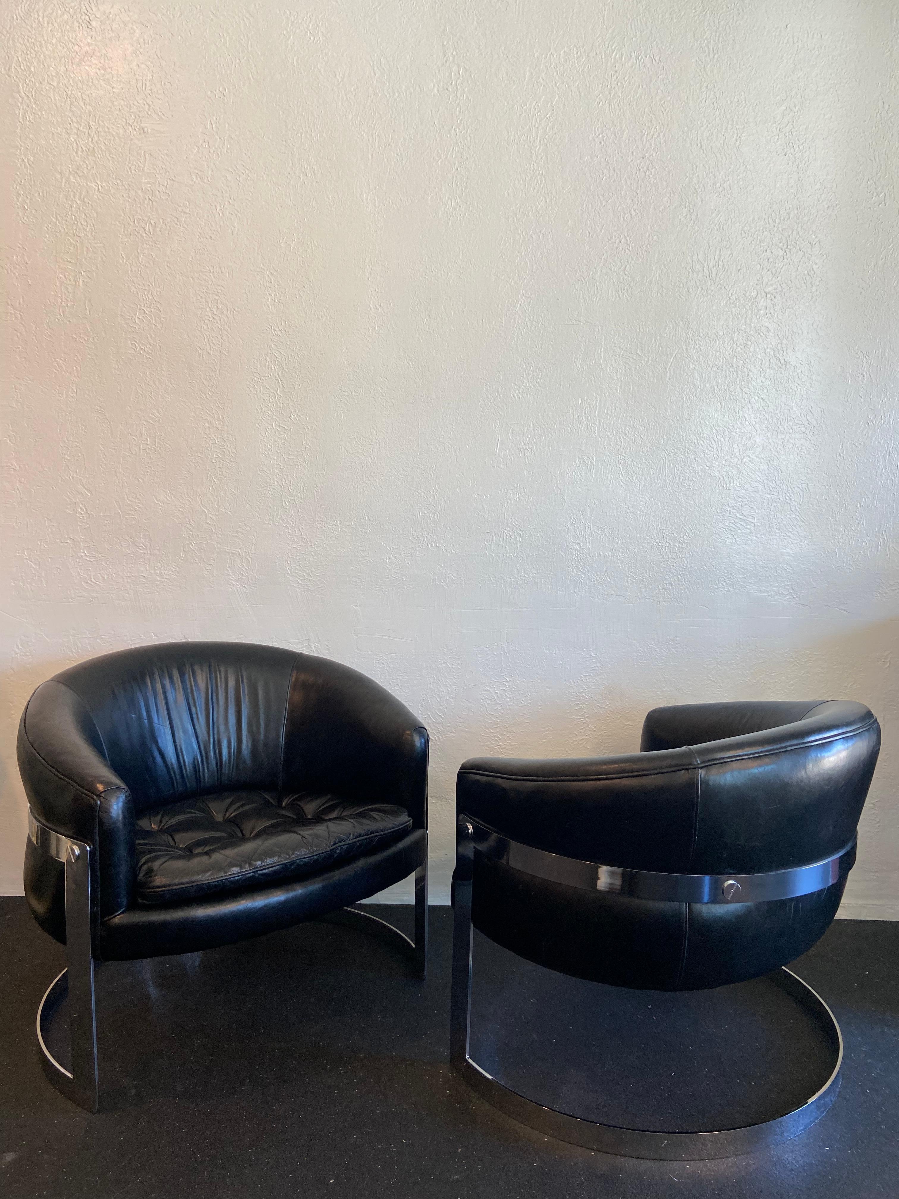 Flair Milo Baughman Style Chrome Cantilever Lounge Chairs In Leather- a Pair For Sale 6