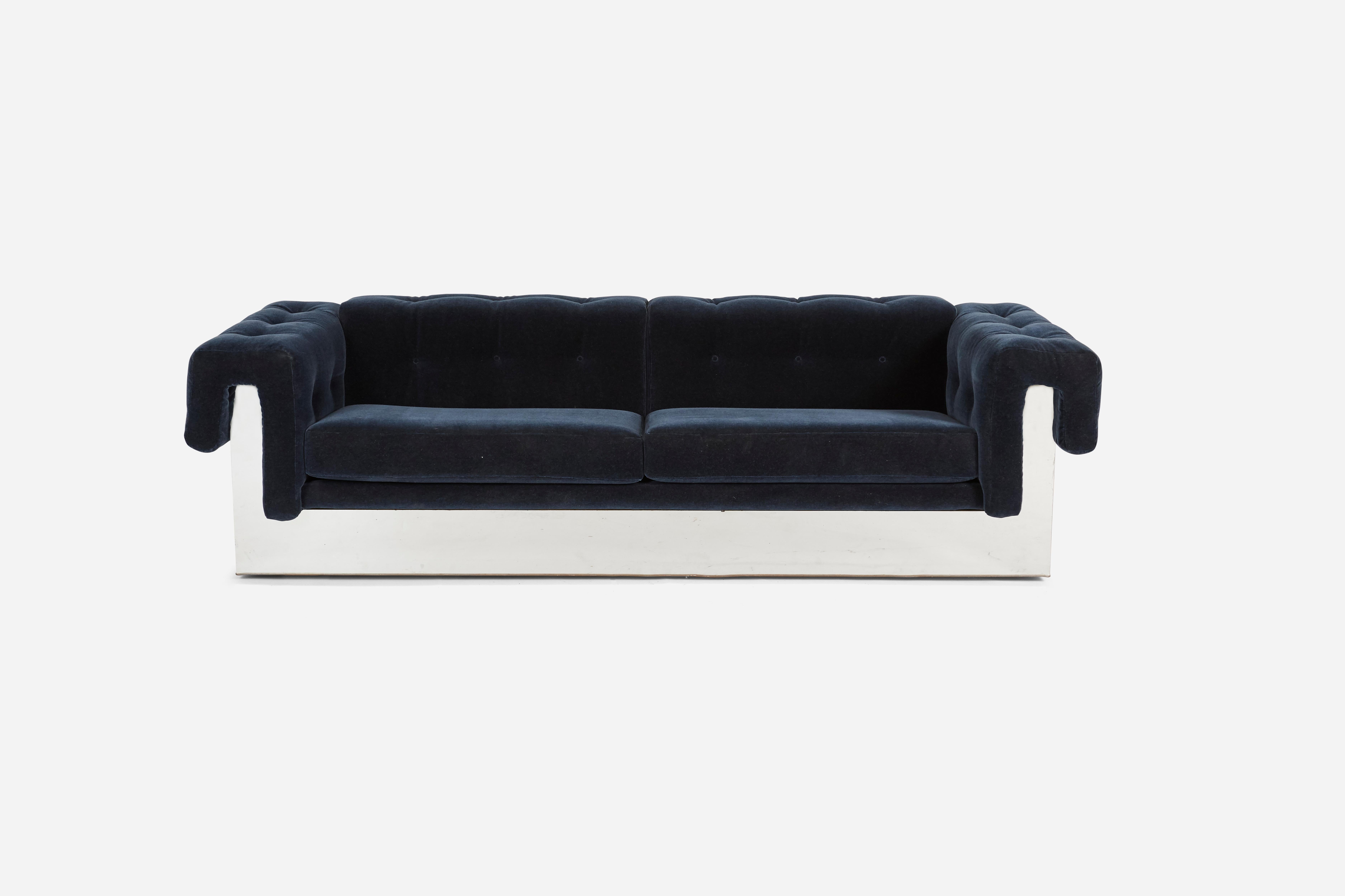 Rare chrome case sofa by Milo Baughman. Fully restored and reupholstered in beautiful blue mohair.