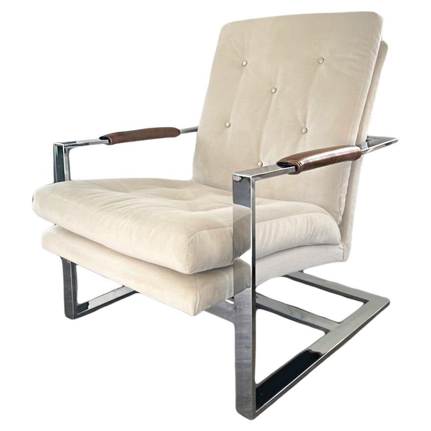 Milo Baughman Chrome Chair with Velvet Upholstery and Leather Armrests For Sale