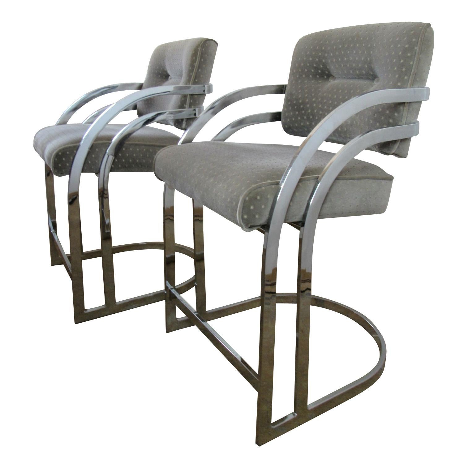 Upholstery Chrome Counter Height Stools in the Style of Arthur Umanoff For Sale