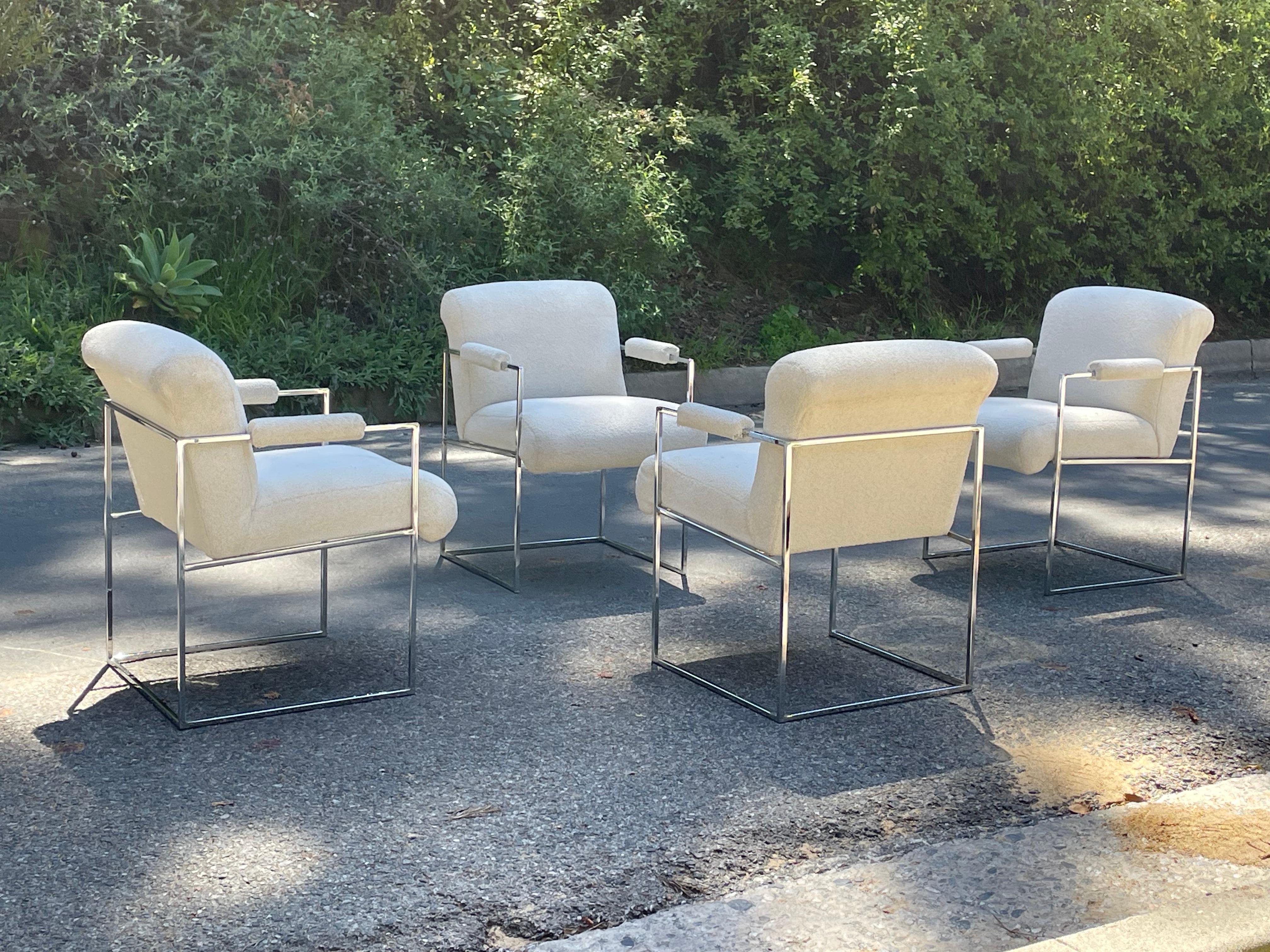 Bouclé Milo Baughman Chrome Dining Arm Chairs for Thayer Coggin - Set of 4 For Sale