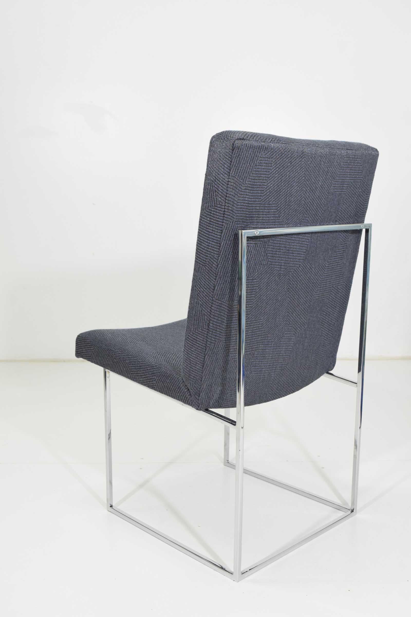 Mid-Century Modern Milo Baughman Chrome Dining Chair in Holly Hunt Blue Alpaca, by Pairs up to 8 For Sale