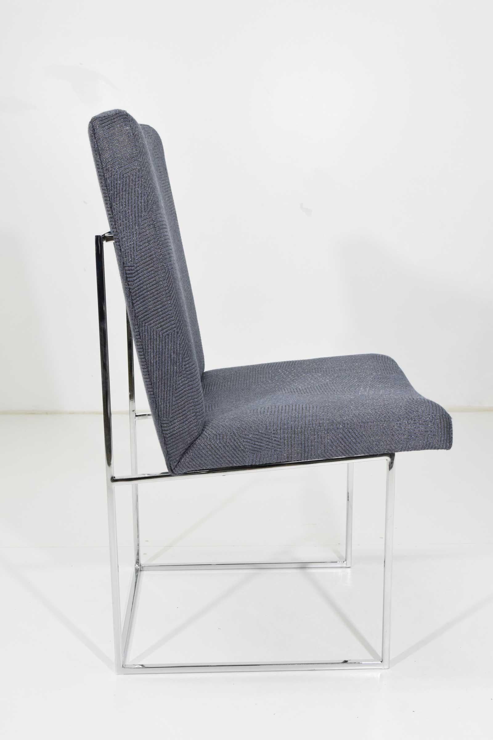 Milo Baughman Chrome Dining Chair in Holly Hunt Blue Alpaca, by Pairs up to 8 In Excellent Condition For Sale In Dallas, TX