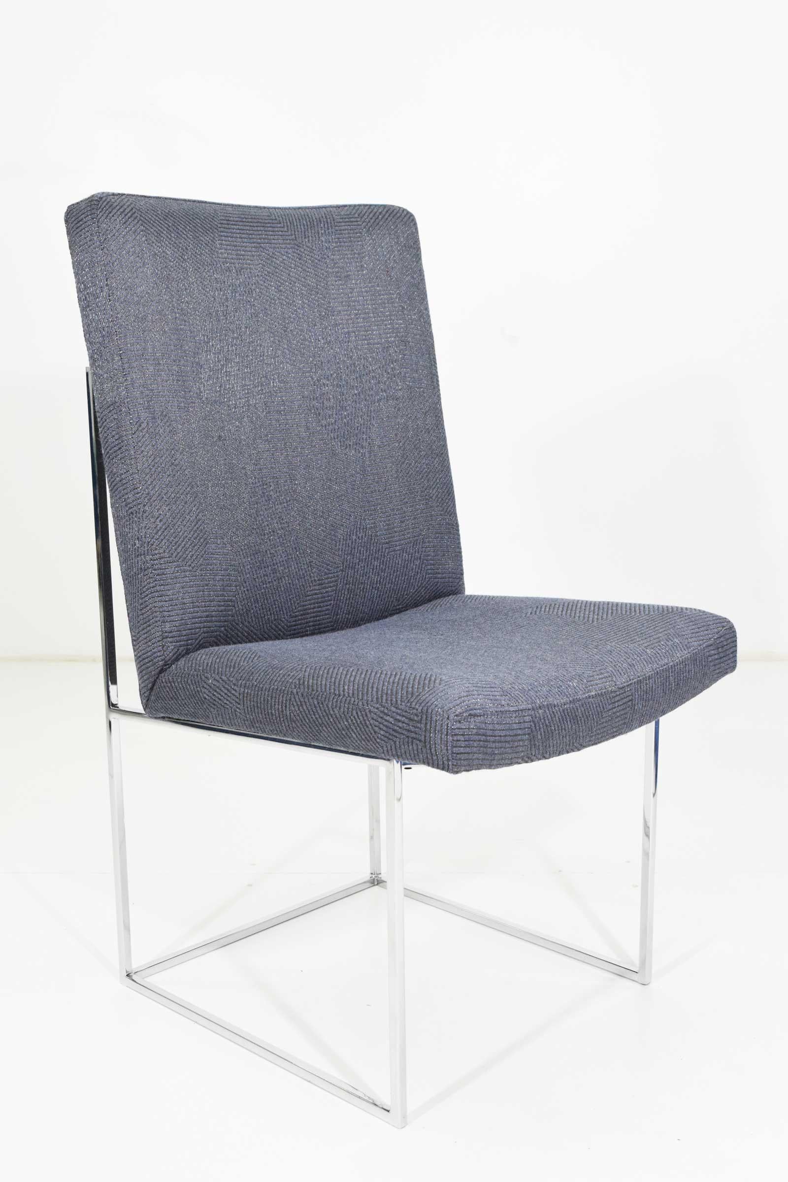 20th Century Milo Baughman Chrome Dining Chair in Holly Hunt Blue Alpaca, by Pairs up to 8 For Sale