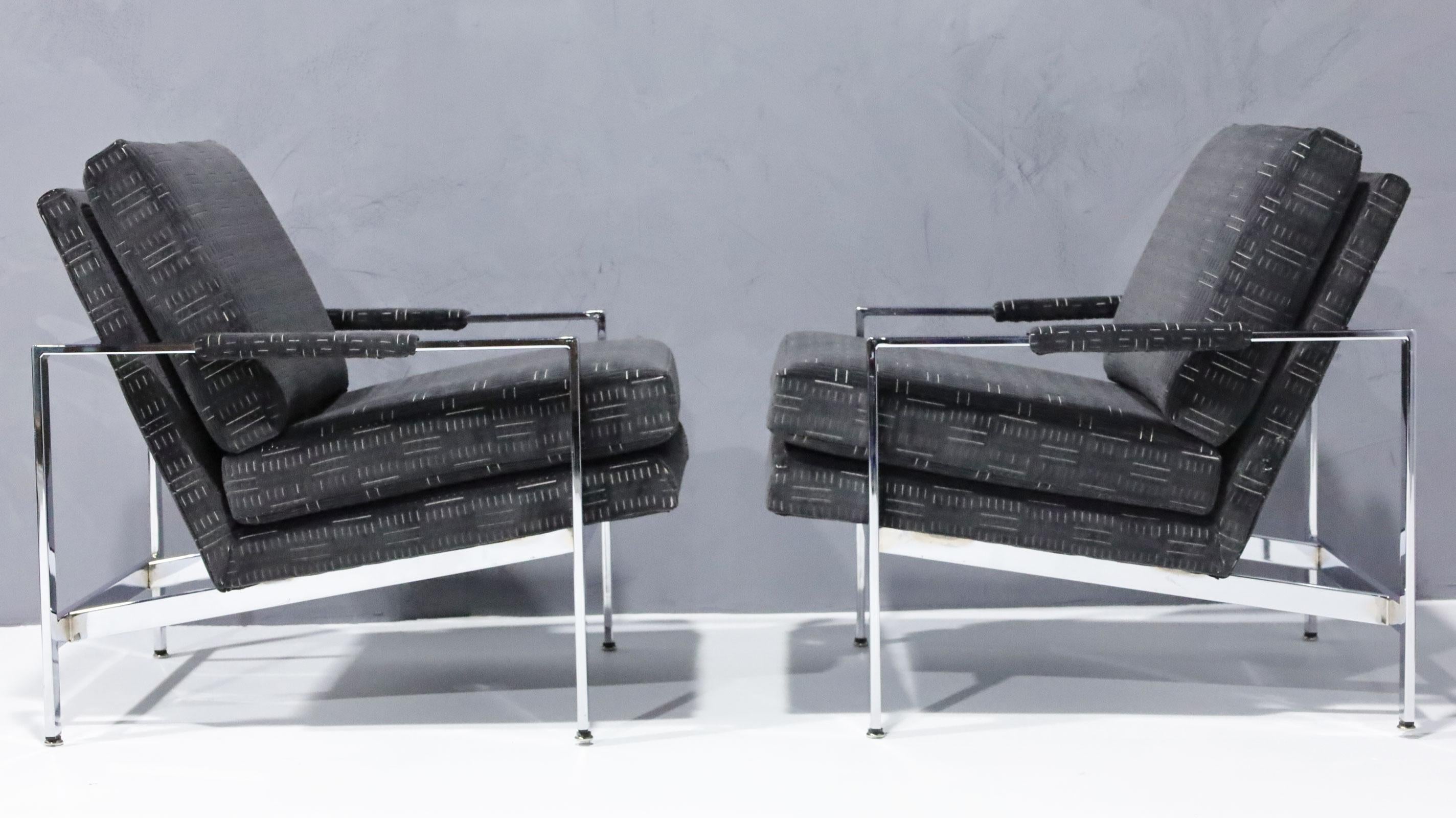 Mid-Century Modern Milo Baughman Chrome Frame Lounge Chairs in Deep Charcoal Velvet For Sale