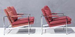 Milo Baughman Chrome Frame Lounge Chairs in Dusty Rose Faux Suede/Leather