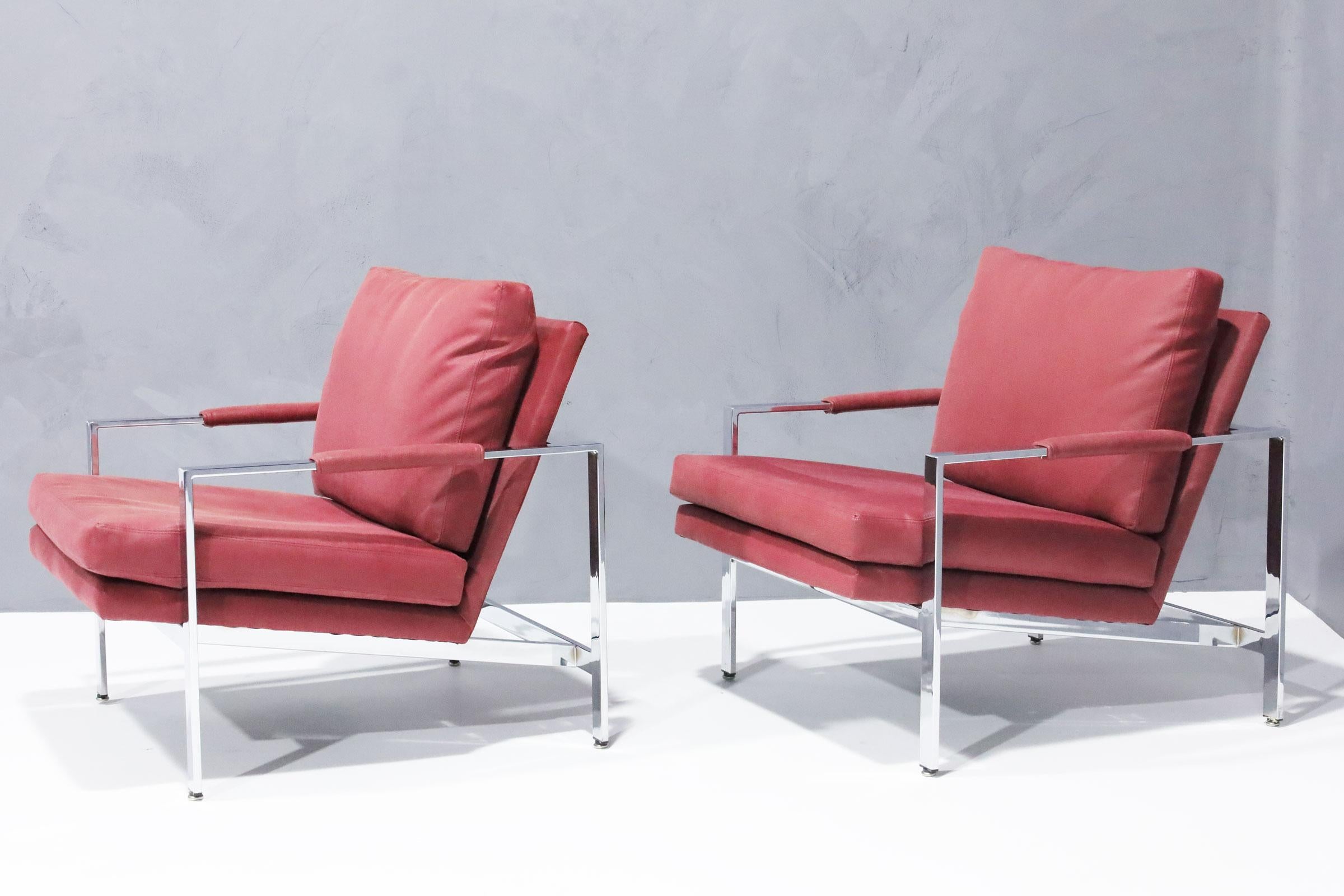 Milo Baughman Chrome Frame Lounge Chairs in Dusty Rose Faux Suede/Leather In Good Condition For Sale In Dallas, TX