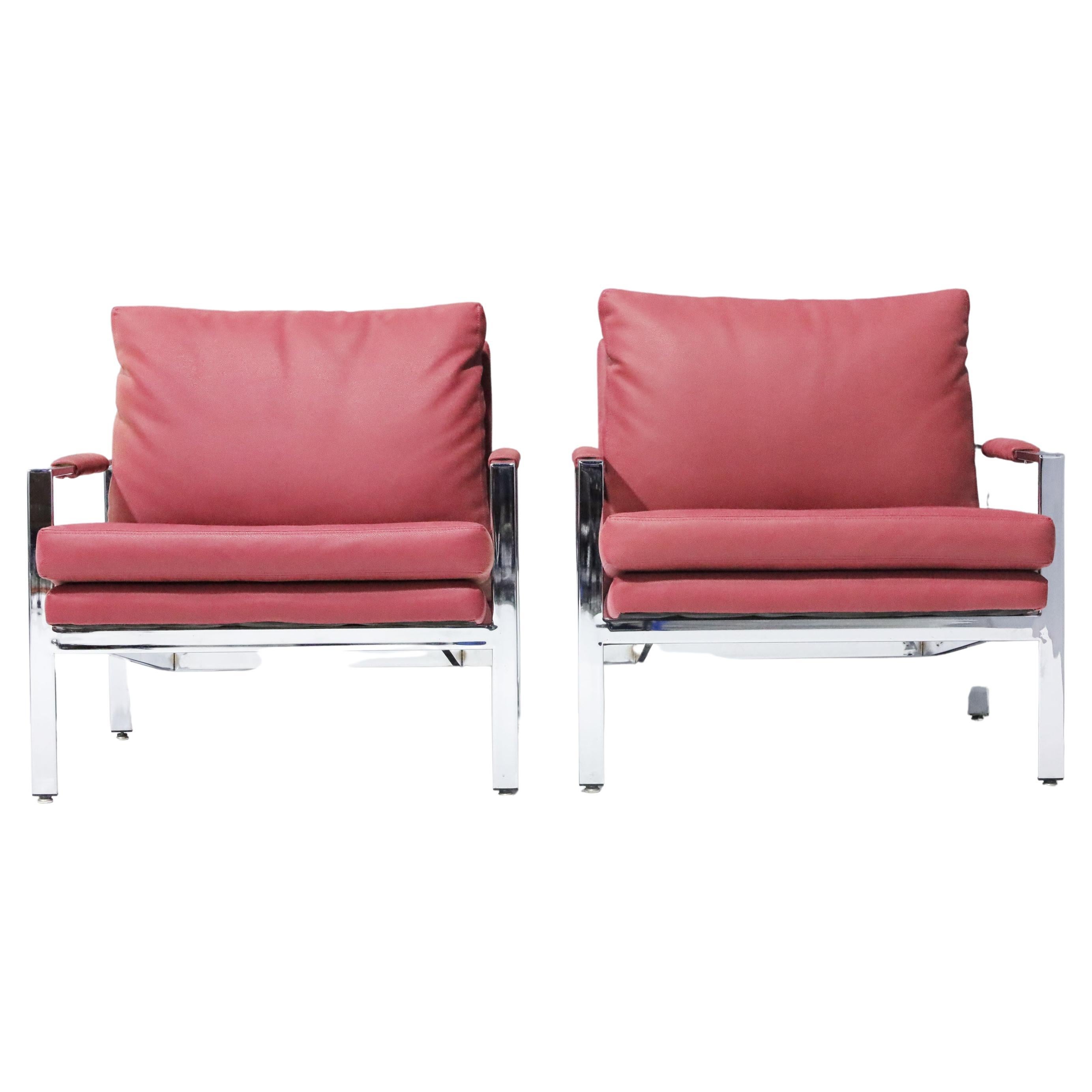 Milo Baughman Chrome Frame Lounge Chairs in Dusty Rose Faux Suede/Leather