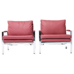 Milo Baughman Chrome Frame Lounge Chairs in Dusty Rose Faux Suede/Leather