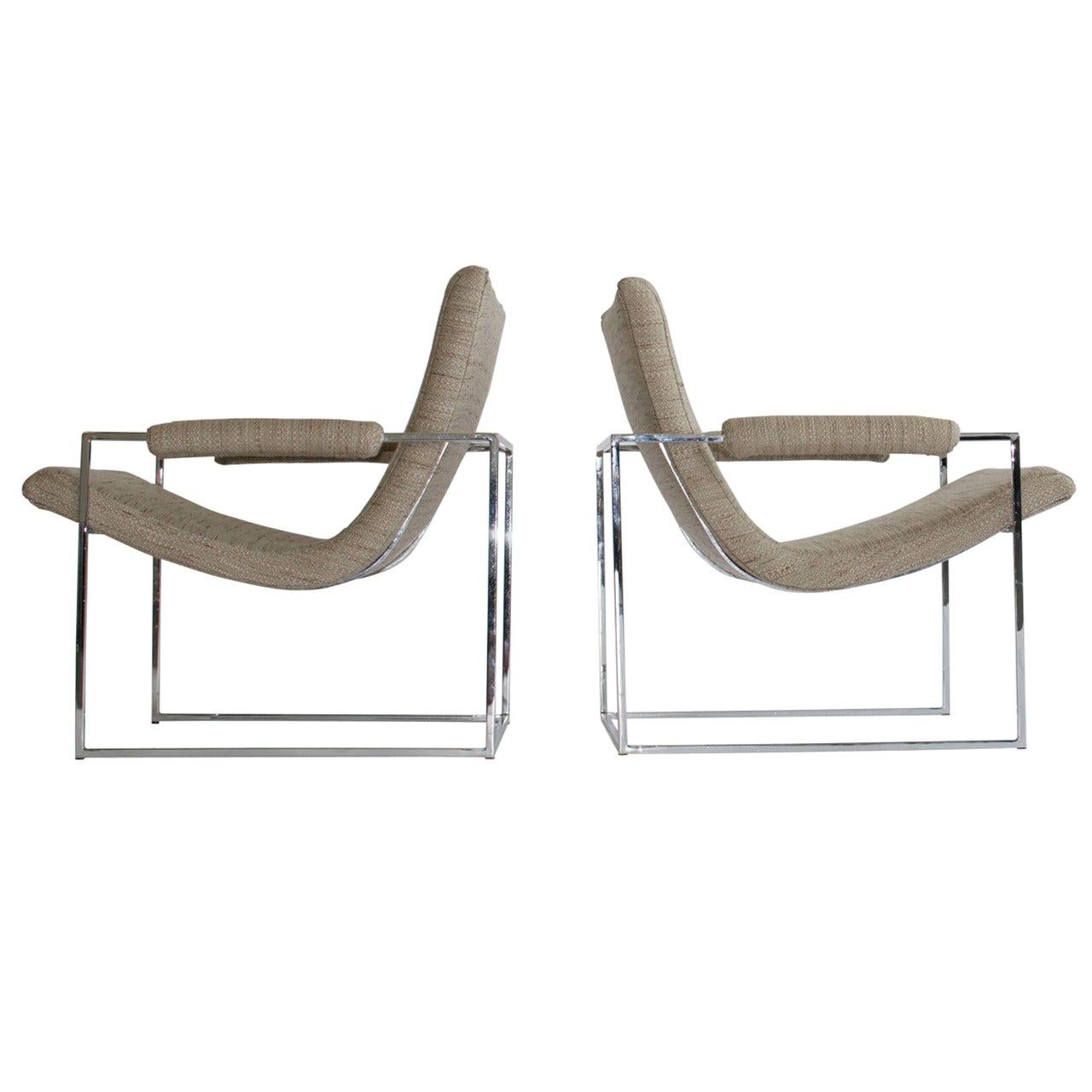 Milo Baughman Chrome Frame Lounge Chairs with Knoll Fabric For Sale