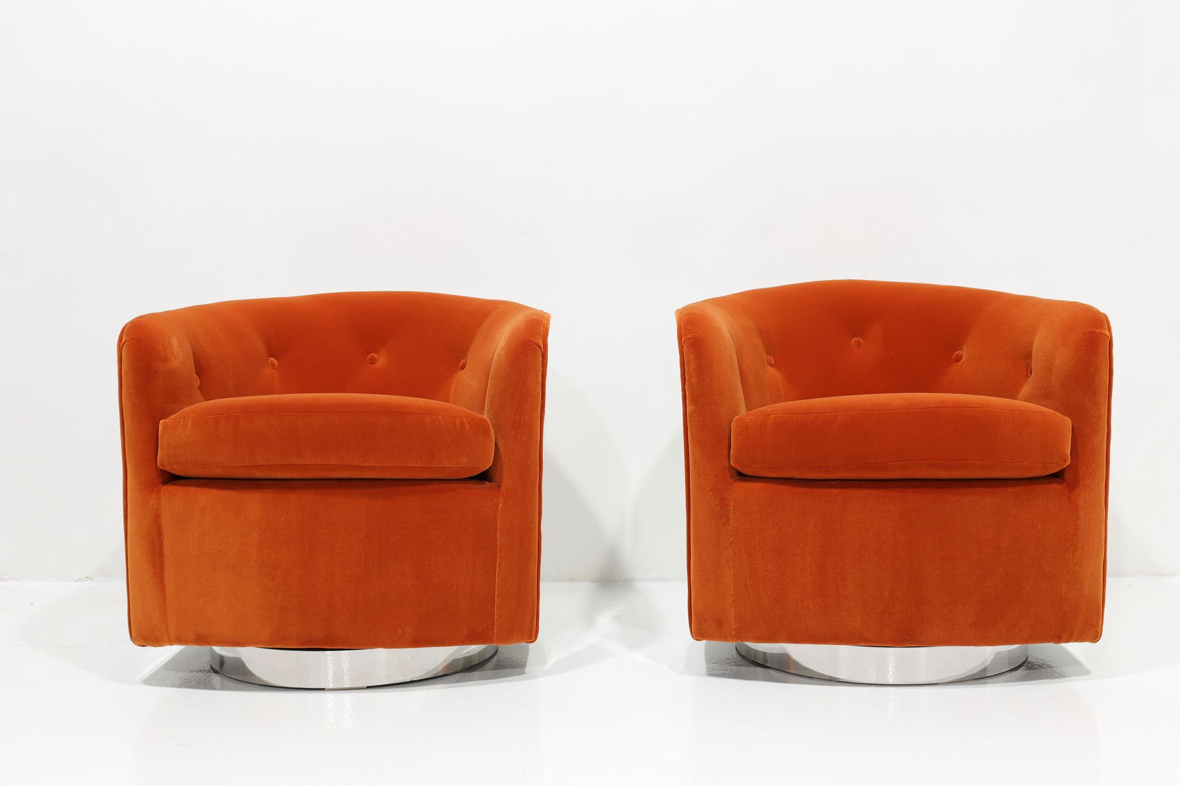 Mid-Century Modern Milo Baughman Chrome Frame Swivel Chairs in Bright Mohair Velvet