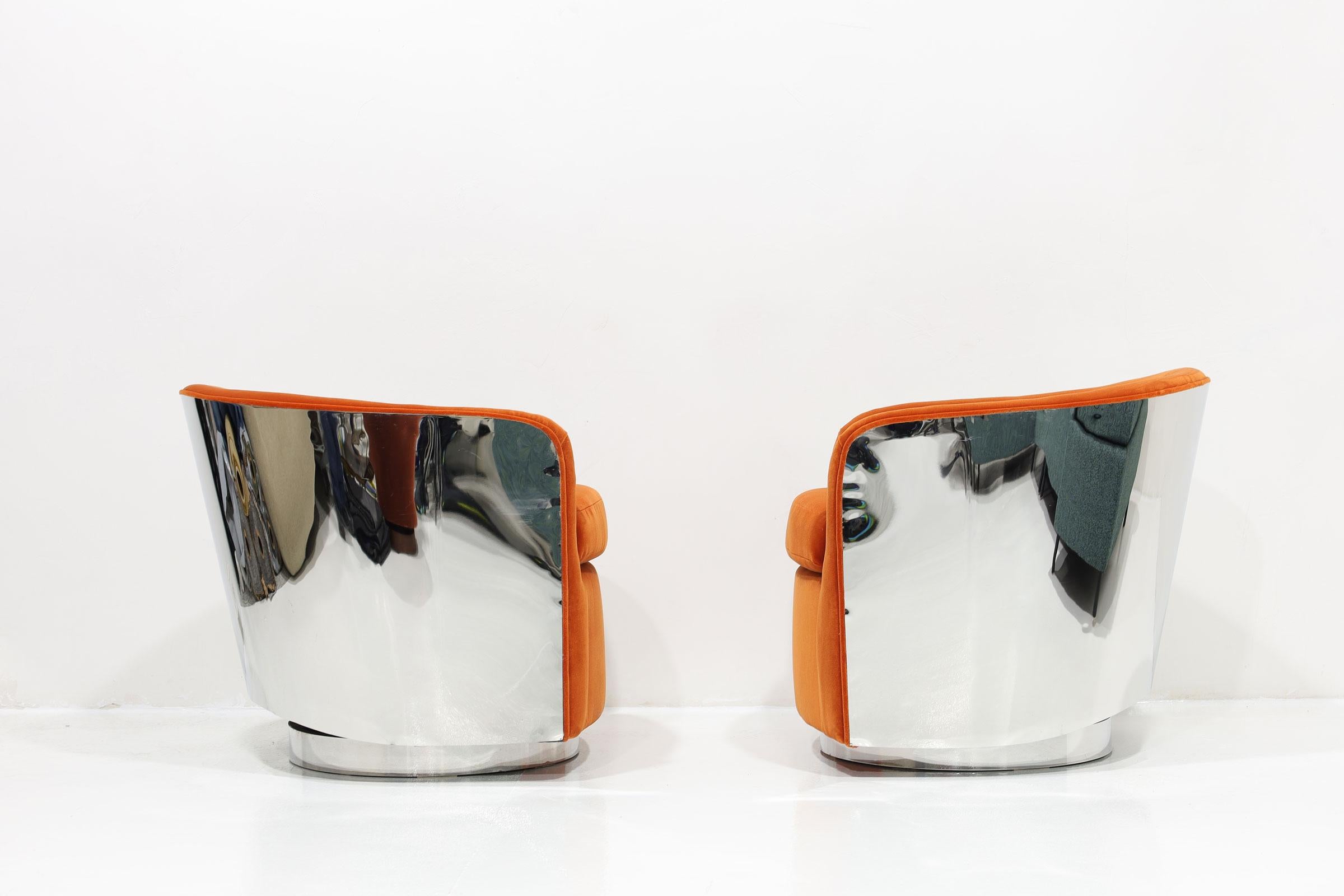 Milo Baughman Chrome Frame Swivel Chairs in Bright Mohair Velvet 1