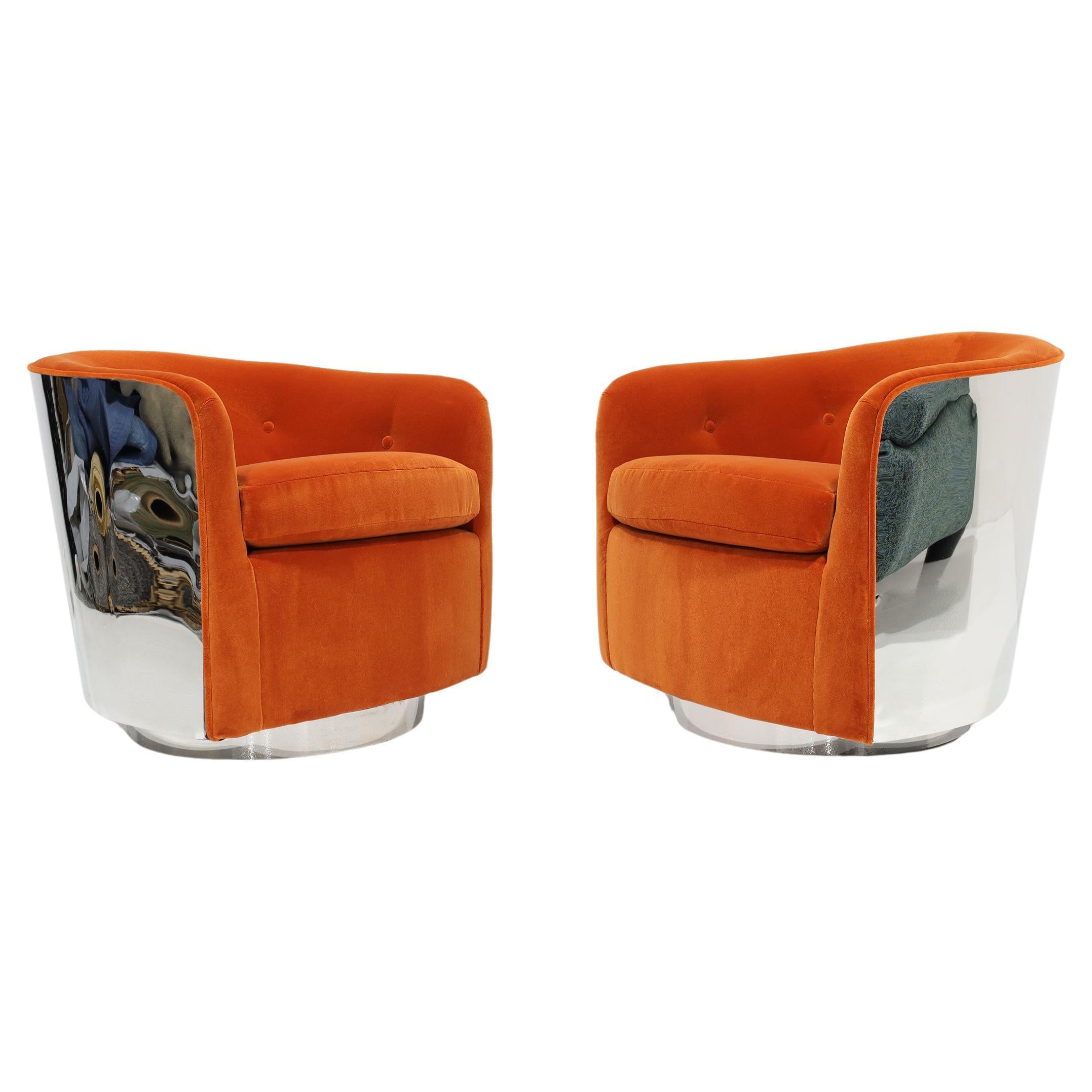 Milo Baughman Chrome Frame Swivel Chairs in Bright Mohair Velvet For Sale