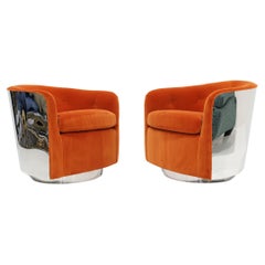 Milo Baughman Chrome Frame Swivel Chairs in Bright Mohair Velvet