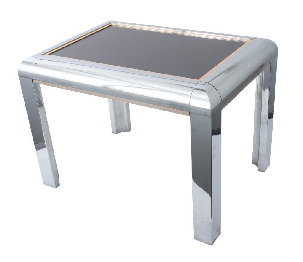 Milo Baughman Chrome and Gilt Brass Side Table, with smoked glass top. 20