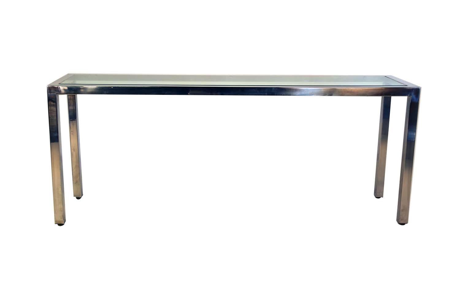 American Milo Baughman Chrome Glass Console Table Mid-Century Modern