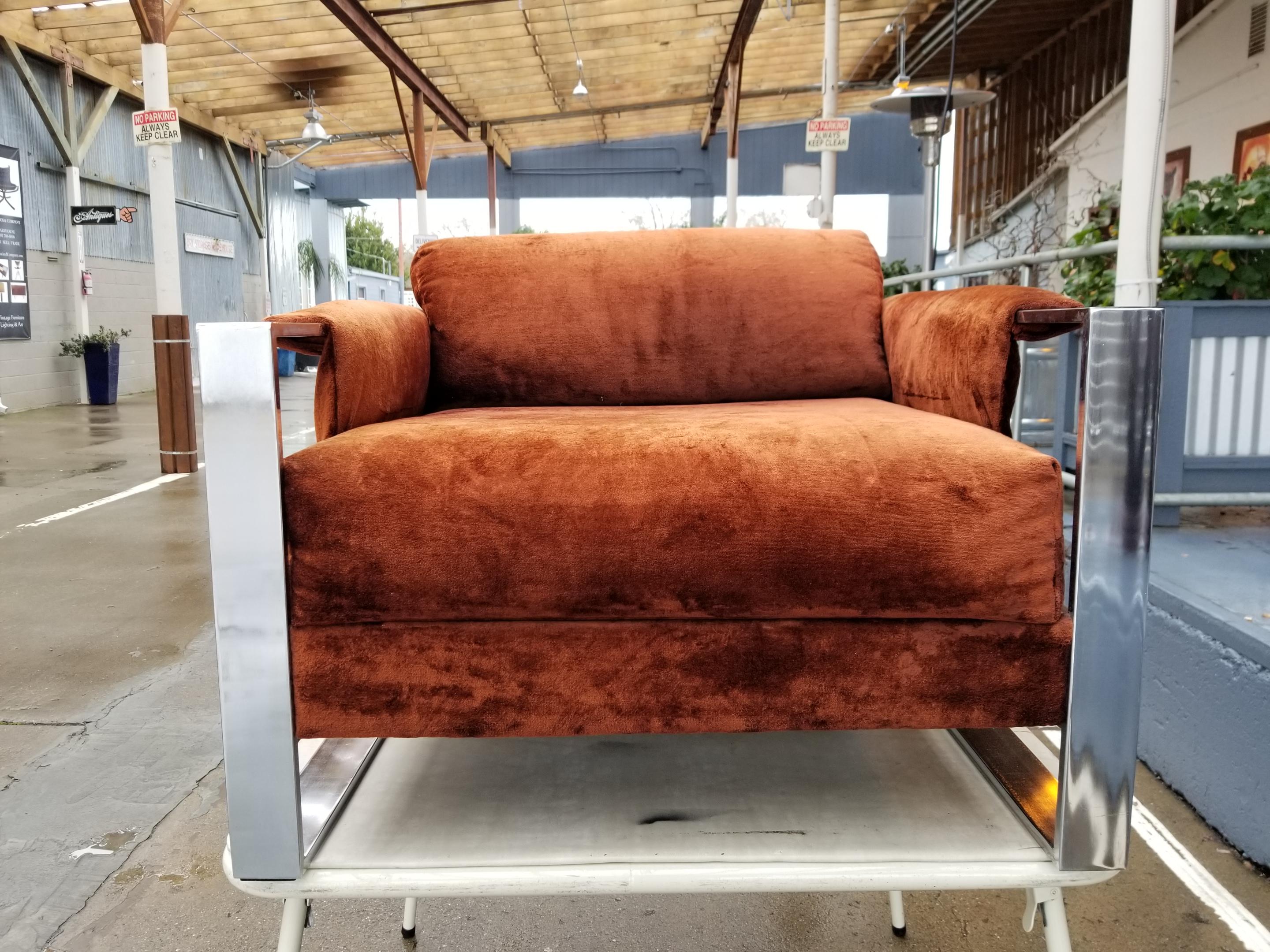 Adrian Pearsall for Craft Associates lounge chair. Made with chrome plated solid flat bar steel. Retaining original velvet upholstery and Craft Associates label. Considering original, fabric is in amazing condition, foam soft and comfortable. Can be