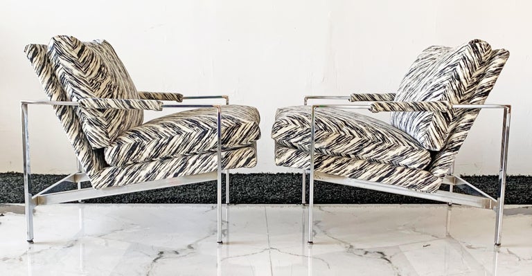 Velvet Milo Baughman Chrome Lounge Chairs, a Pair For Sale