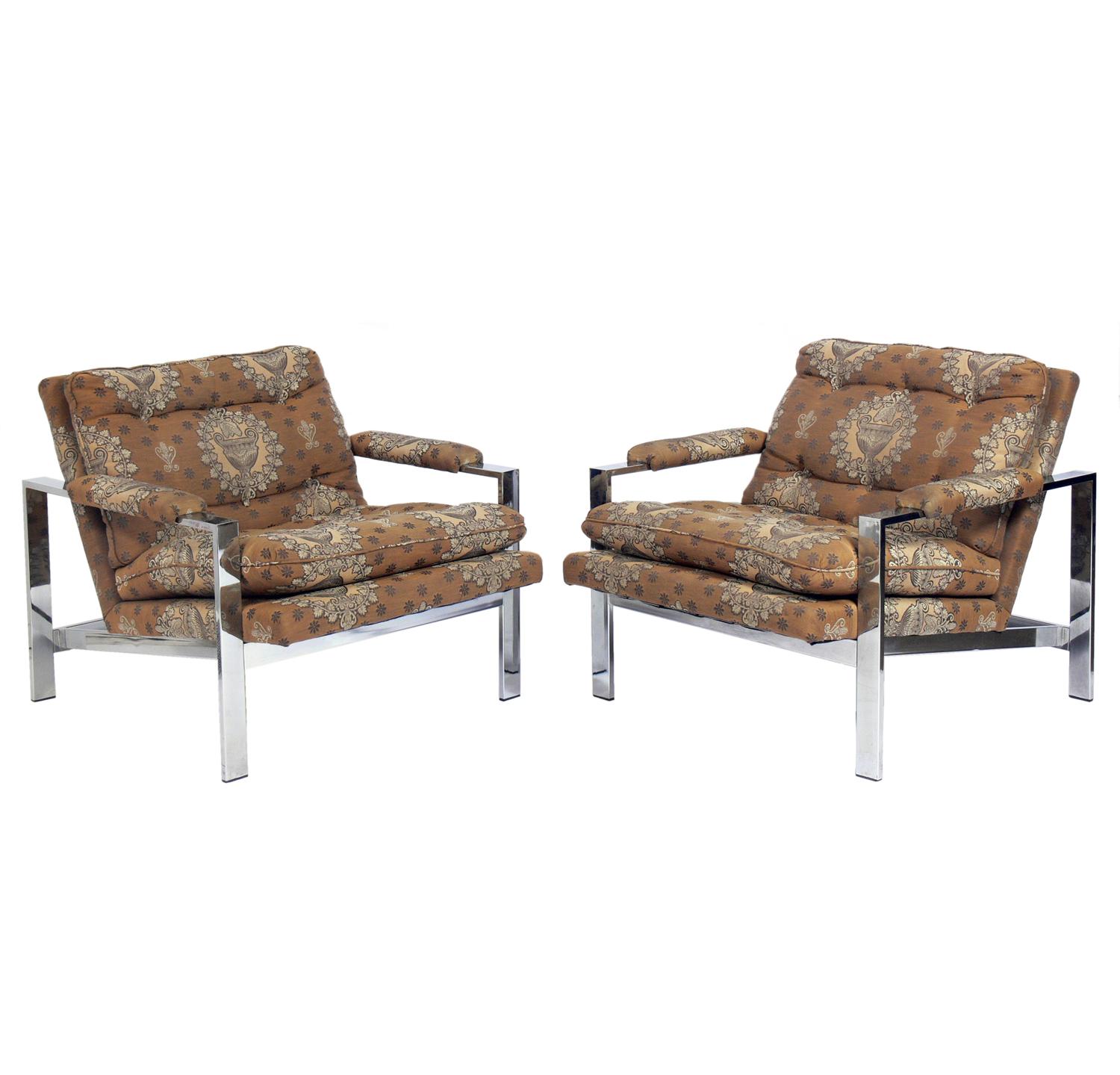 Pair of clean lined chrome lounge chairs, by Milo Baughman for Thayer Coggin, American, circa 1960s. These chairs are currently being reupholstered and can be completed in your fabric. The price noted includes reupholstery in your fabric. Simply